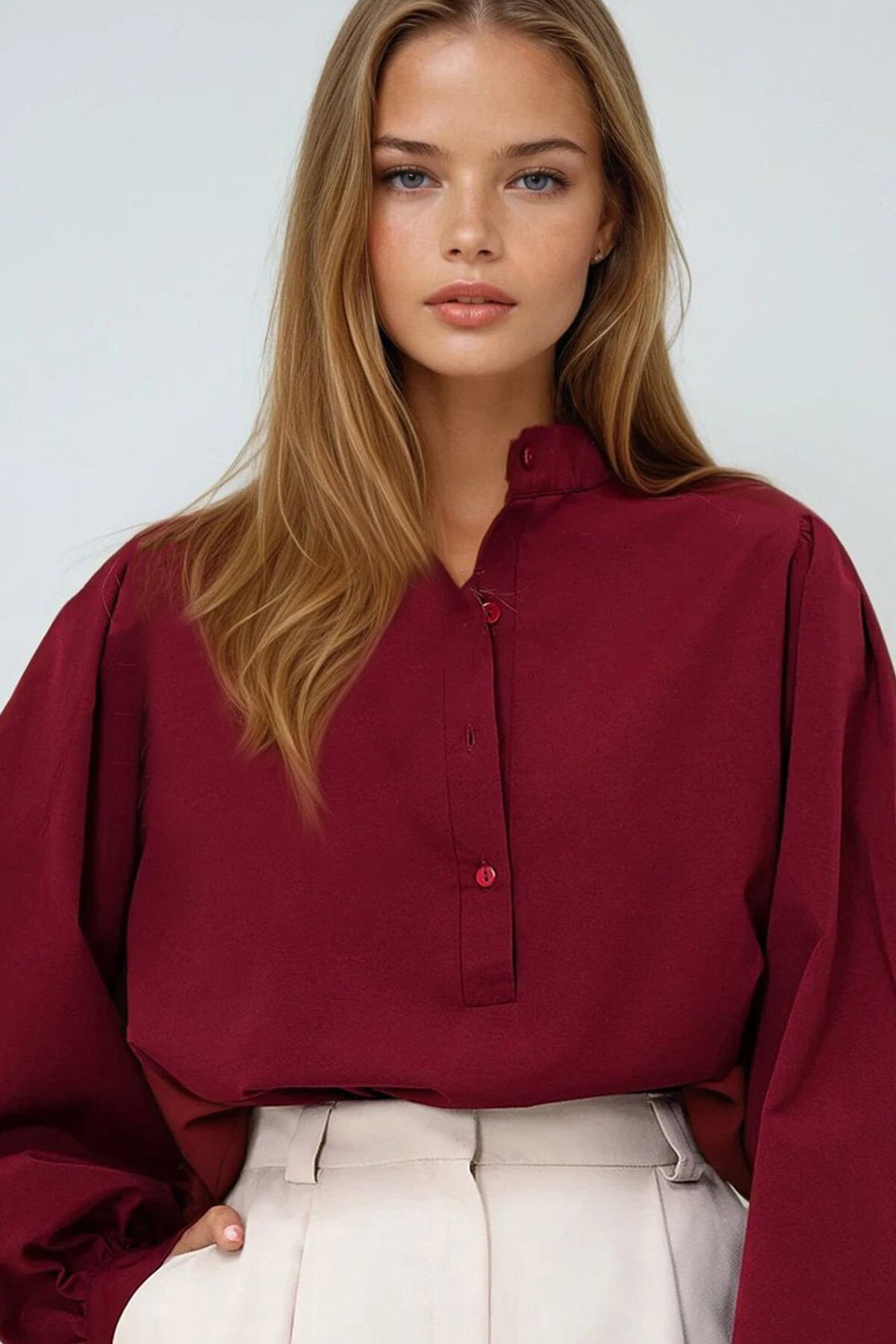 Bordo Hakim Yaka Önü Düğmeli Balon Kol Poplin Dokuma Gömlek