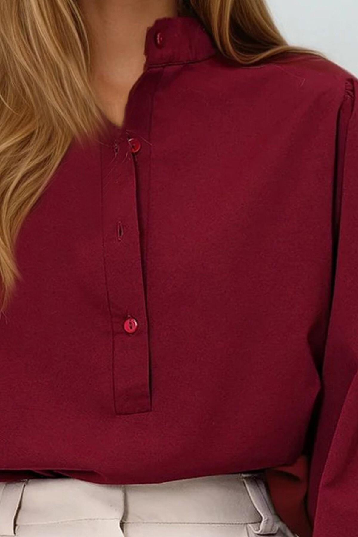 Bordo Hakim Yaka Önü Düğmeli Balon Kol Poplin Dokuma Gömlek