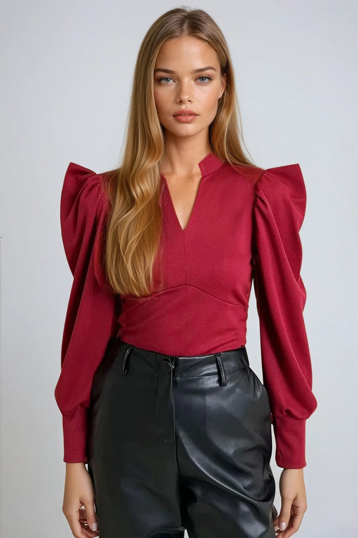 Bordo Hakim Yaka Prenses Kol Dokuma Crop Bluz