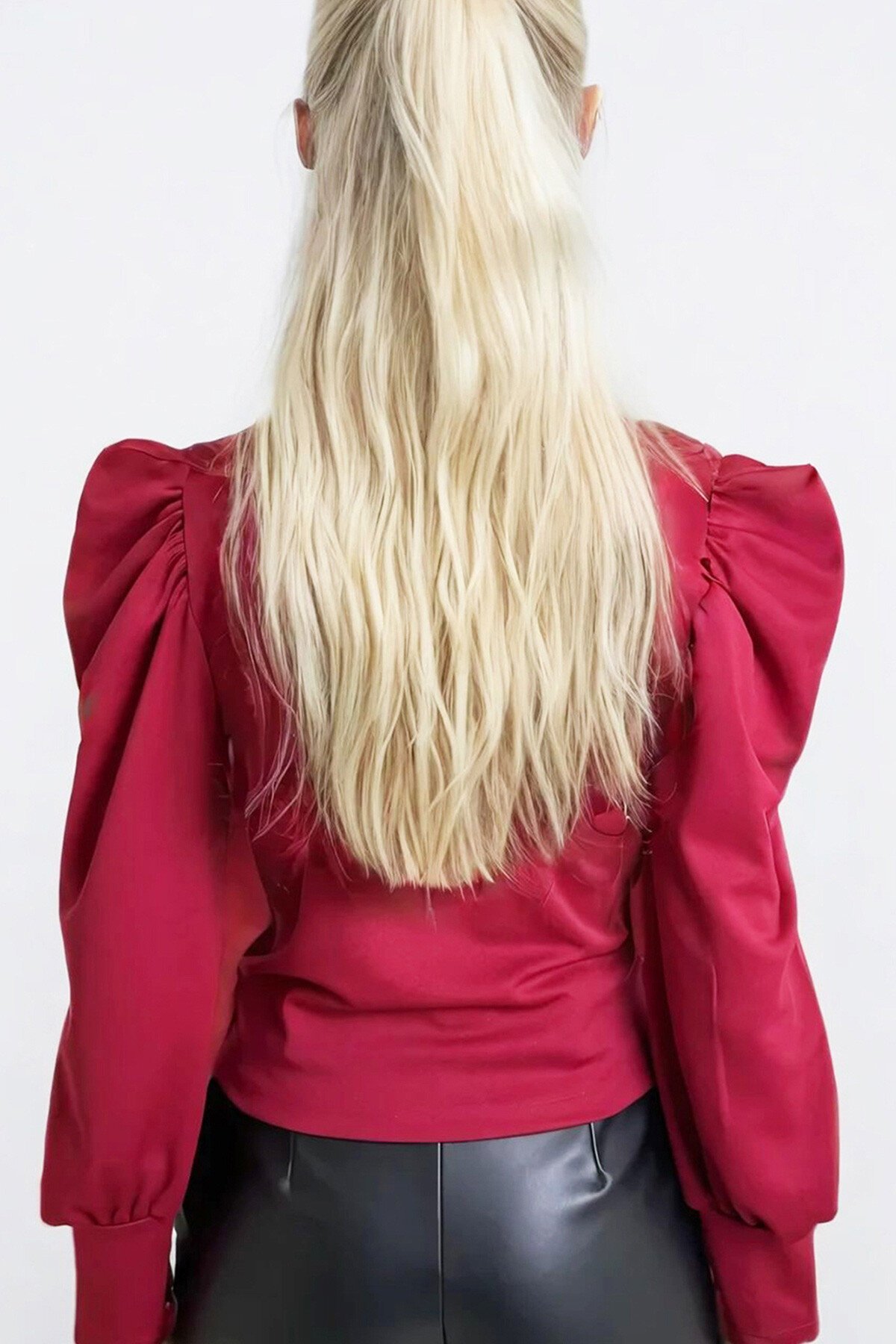 Bordo Hakim Yaka Prenses Kol Dokuma Crop Bluz