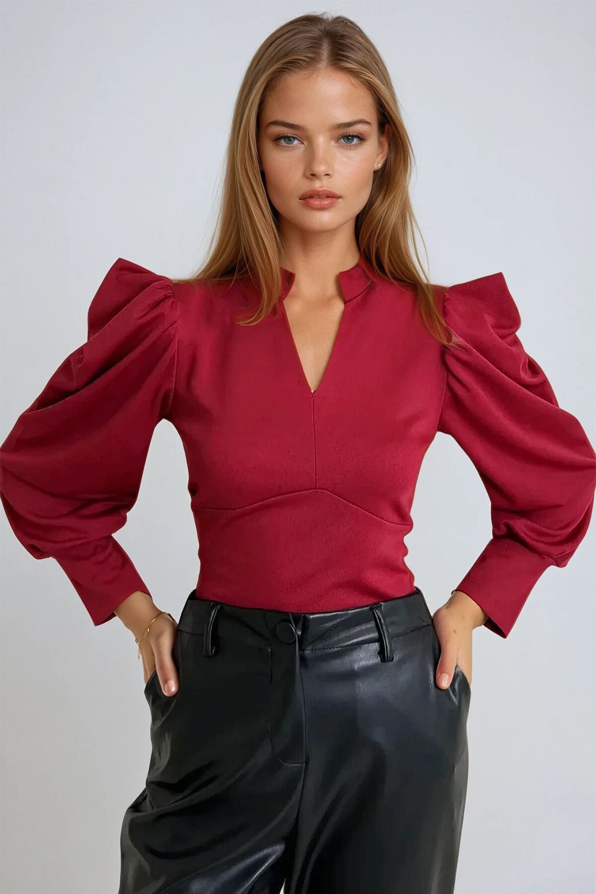 Bordo Hakim Yaka Prenses Kol Dokuma Crop Bluz