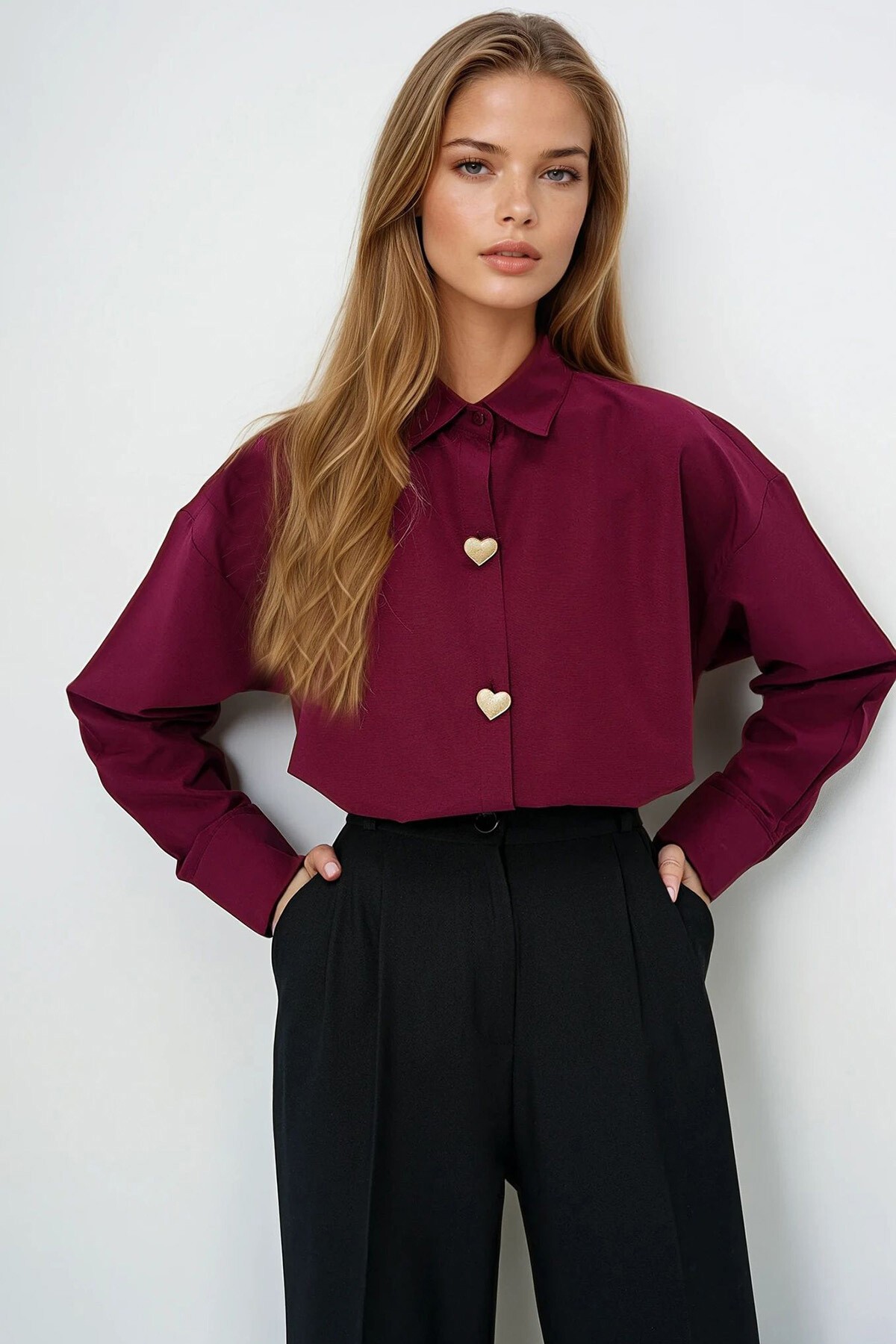 Bordo Kalp Düğmeli Oversize Poplin Gömlek