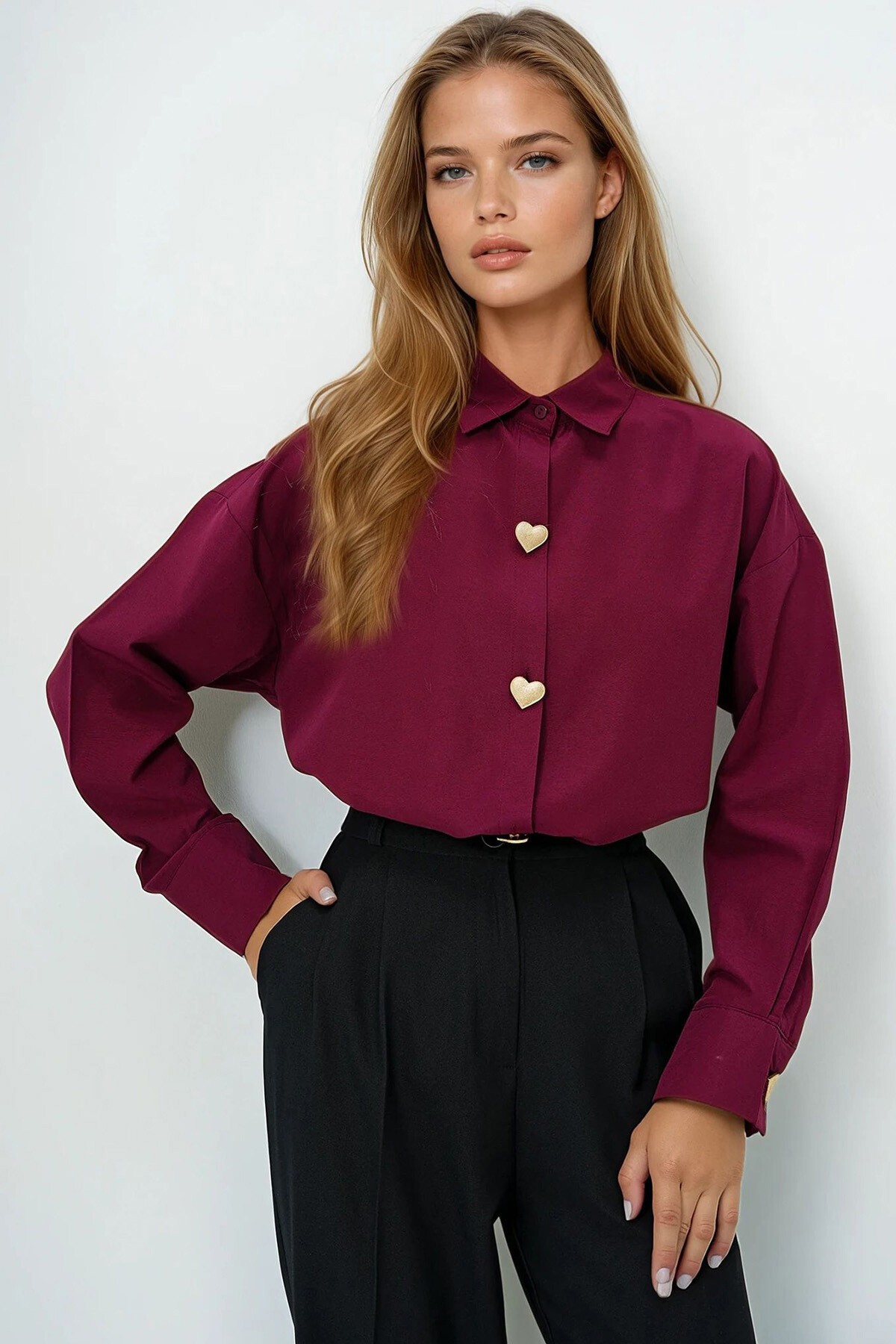 Bordo Kalp Düğmeli Oversize Poplin Gömlek
