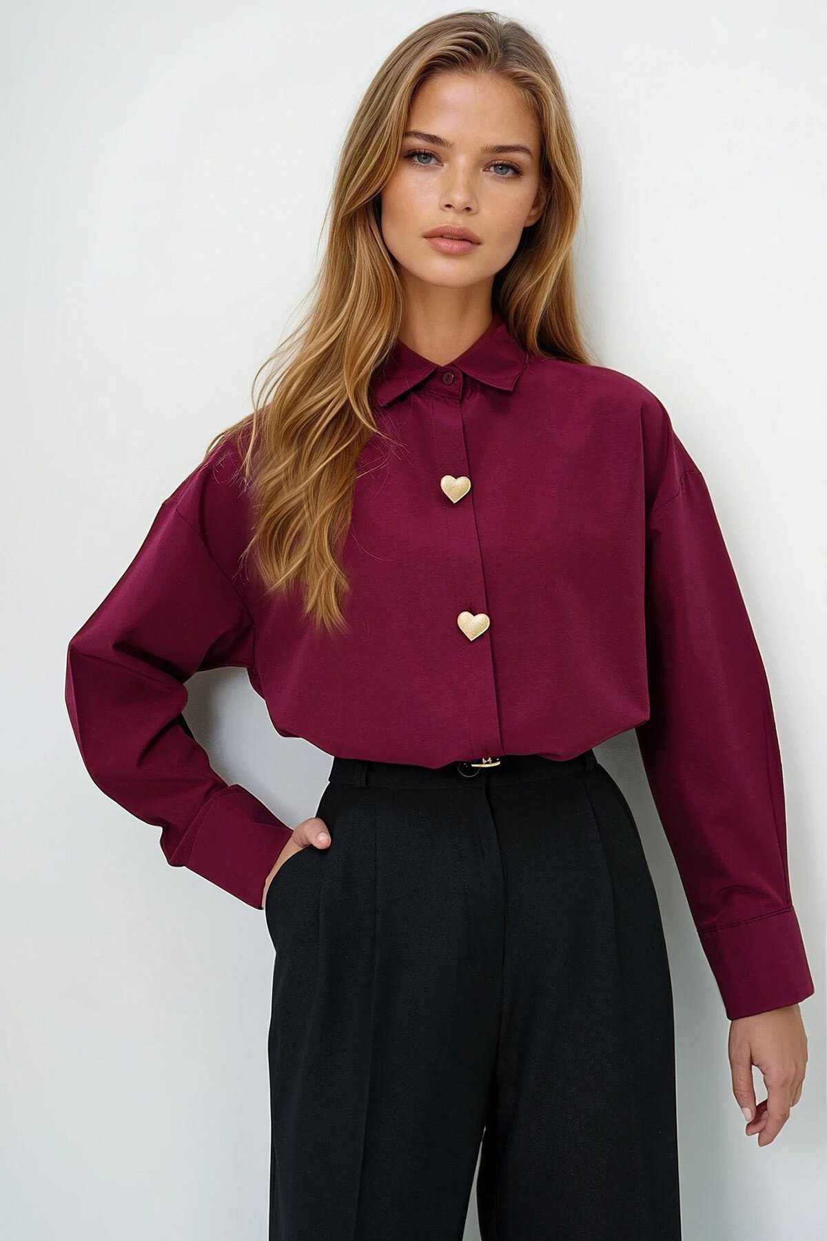 Bordo Kalp Düğmeli Oversize Poplin Gömlek