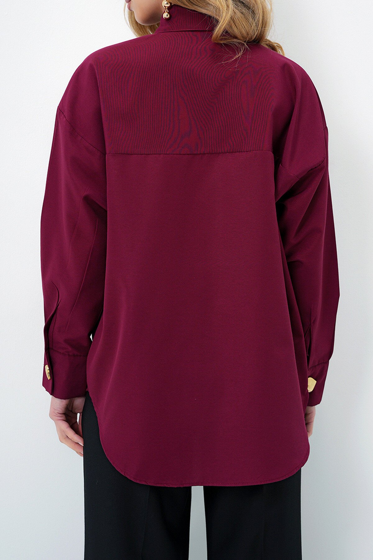 Bordo Kalp Düğmeli Oversize Poplin Gömlek