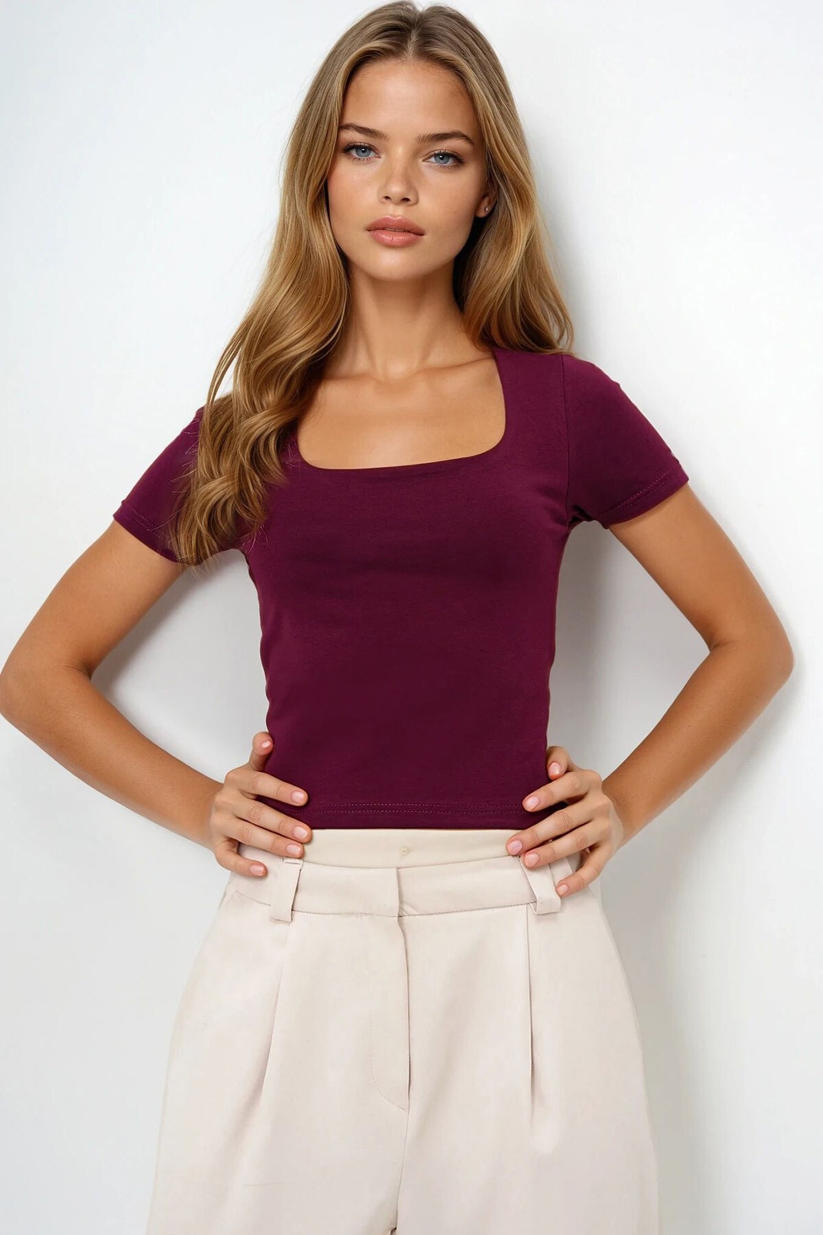 Bordo Kare Yaka Likralı Tulumlu Double Kumaş Crop Bluz