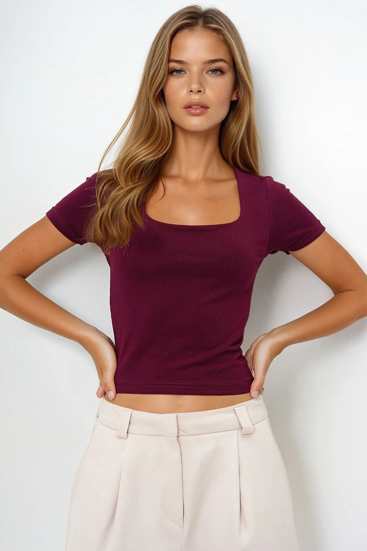 Bordo Kare Yaka Likralı Tulumlu Double Kumaş Crop Bluz