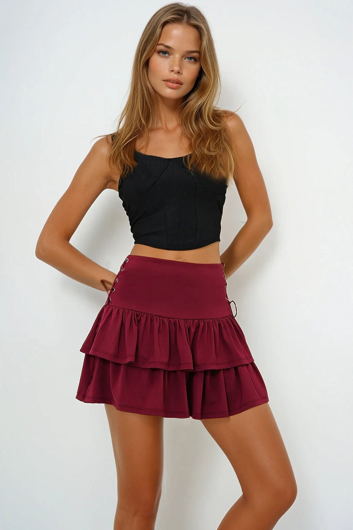 Bordo Kuş Gözü Bağlama Detaylı Kat Kat Volanlı Dokuma Etek