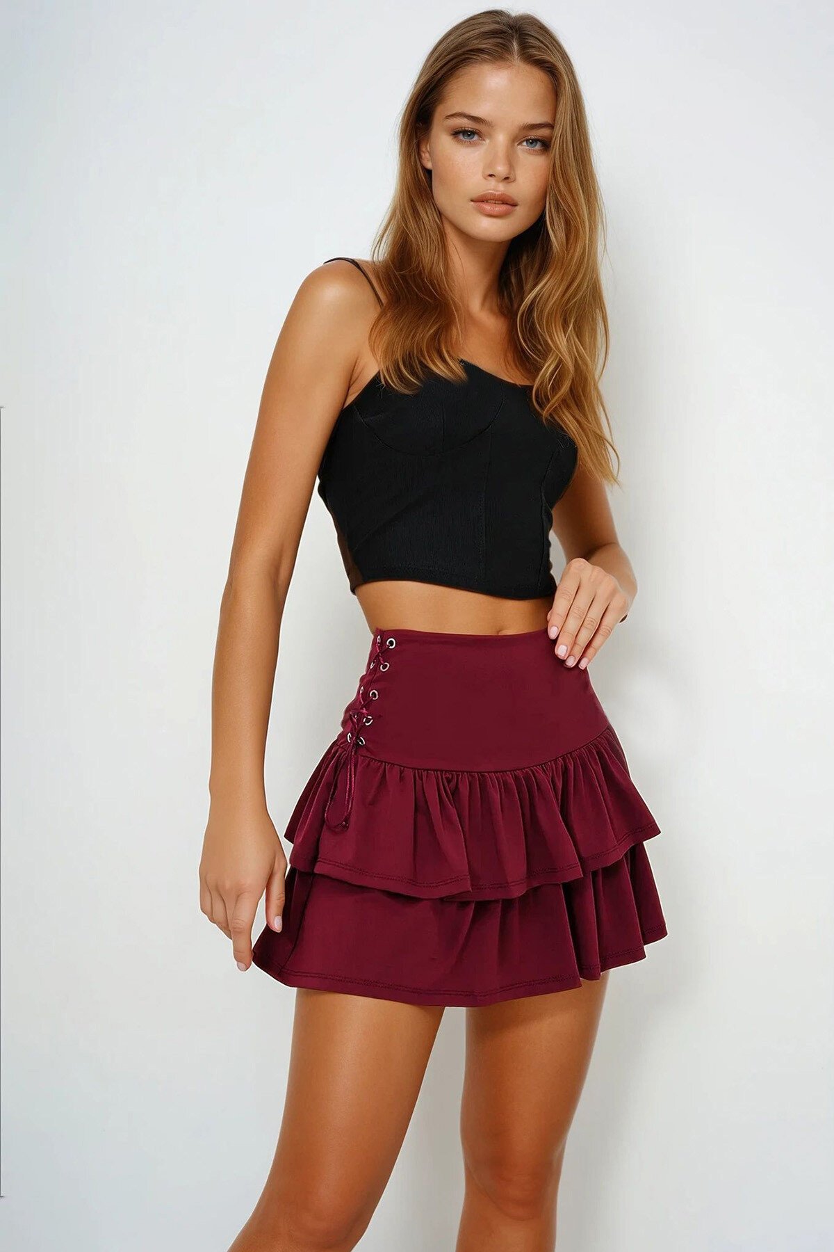 Bordo Kuş Gözü Bağlama Detaylı Kat Kat Volanlı Dokuma Etek