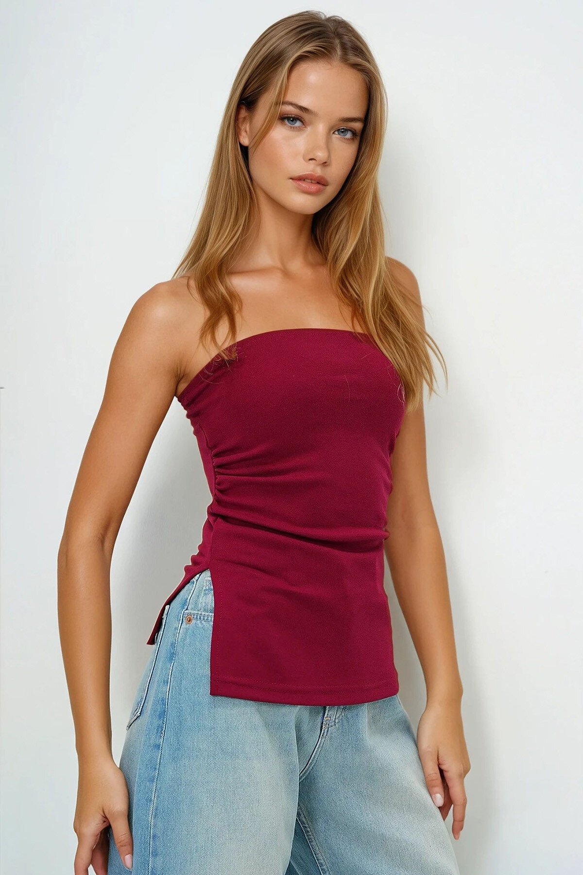 Bordo Straplez Yanı Yırtmaçlı Çelik Örme Bluz