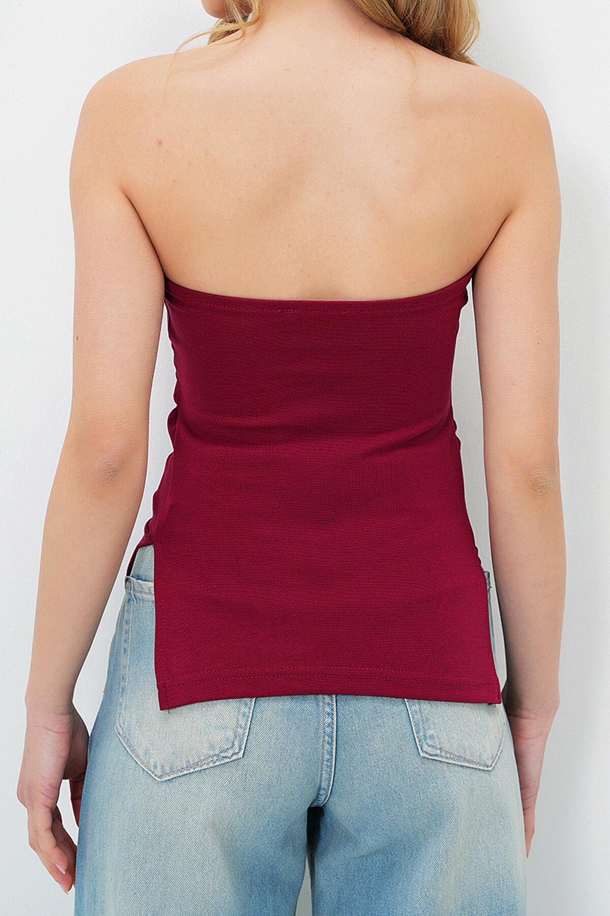 Bordo Straplez Yanı Yırtmaçlı Çelik Örme Bluz