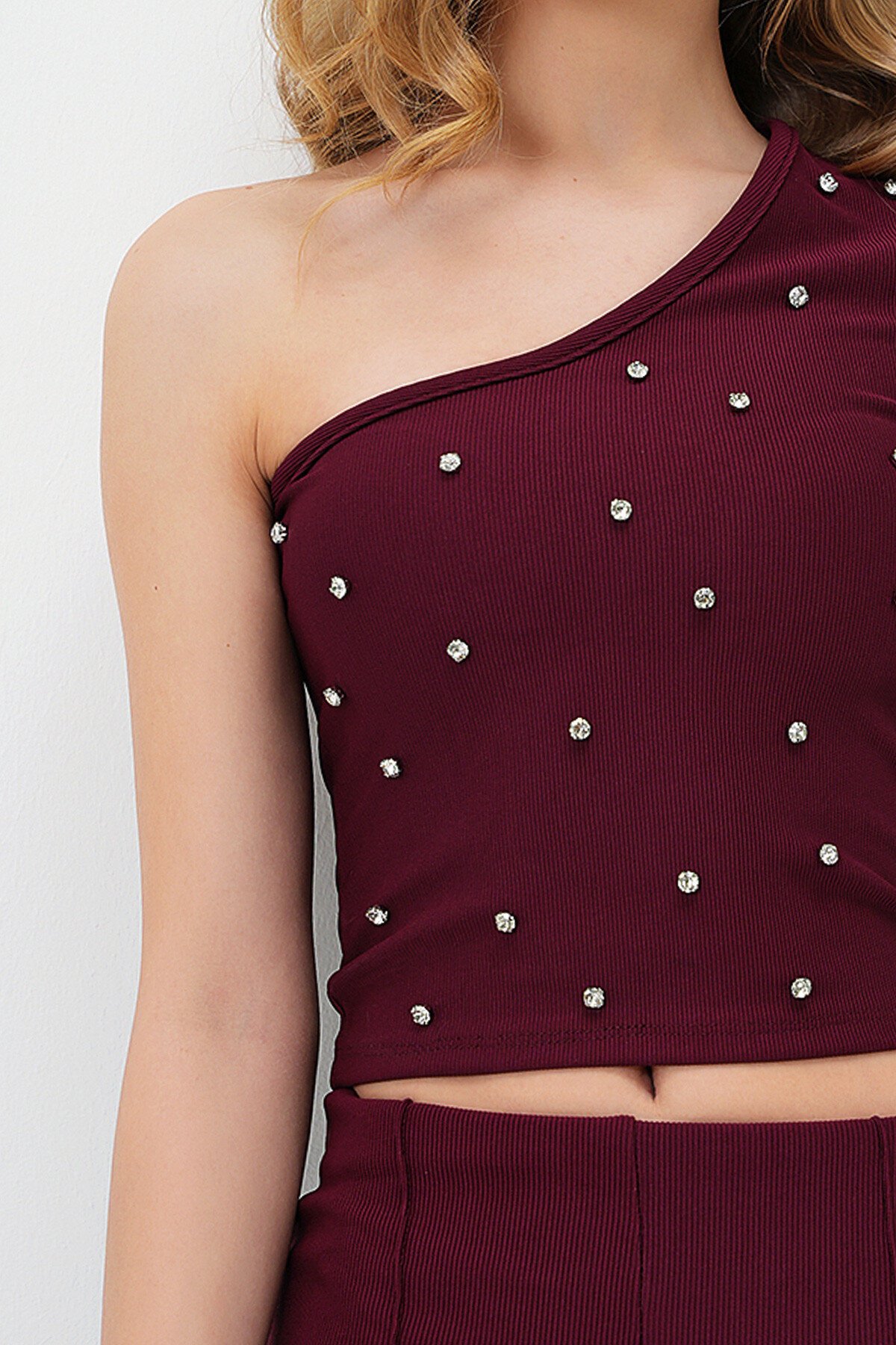 Bordo Tek Omuz Taş İşlemeli Ottoban Bluz