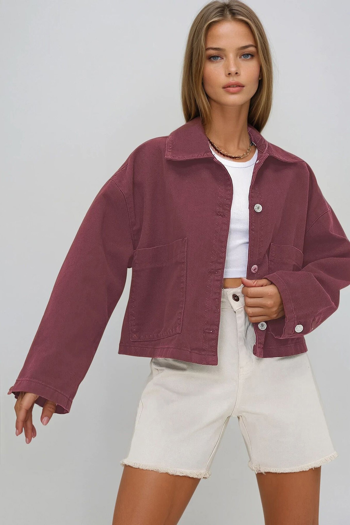 Bordo Torba Cepli Çoban Dikişli Crop Jean Ceket