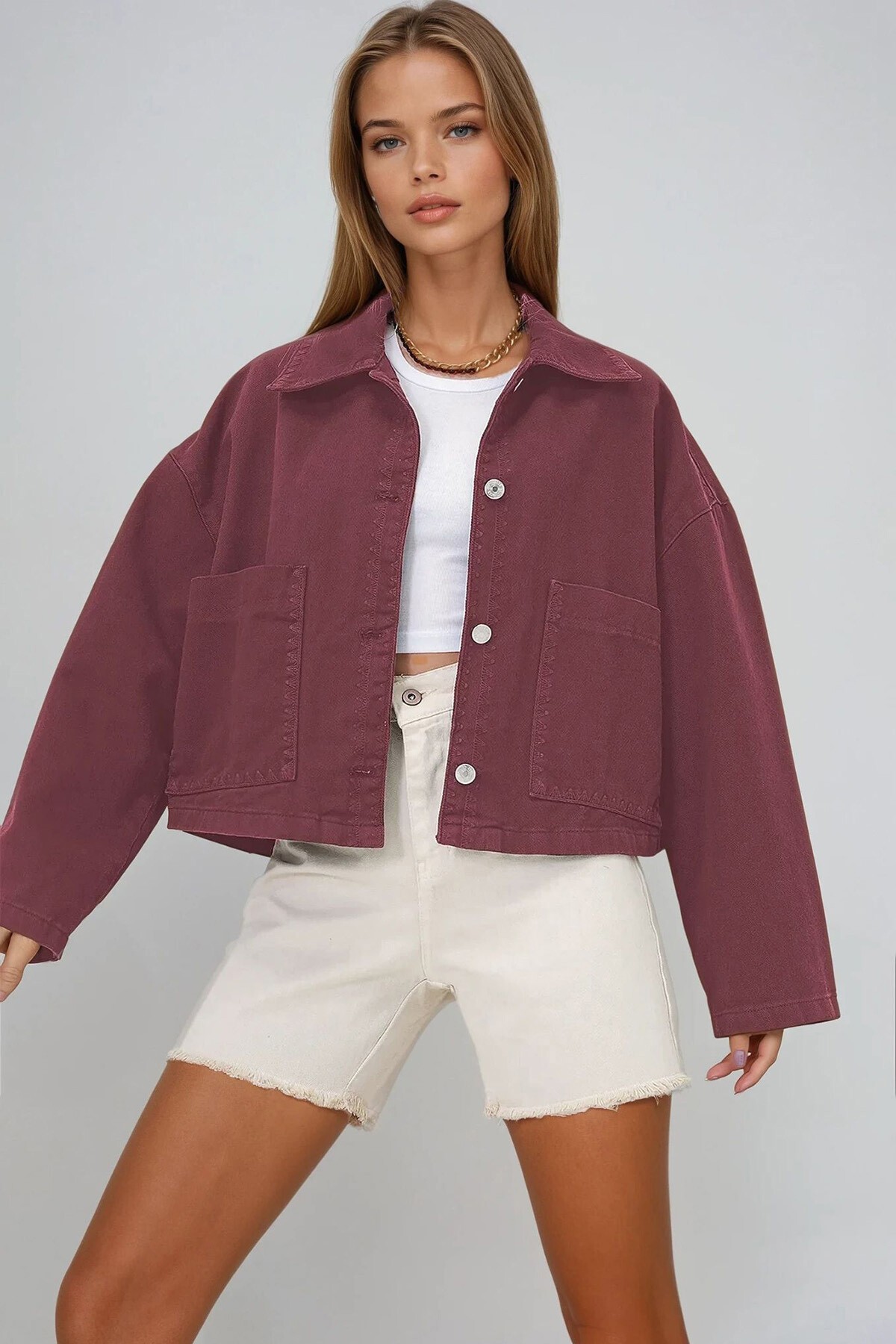 Bordo Torba Cepli Çoban Dikişli Crop Jean Ceket