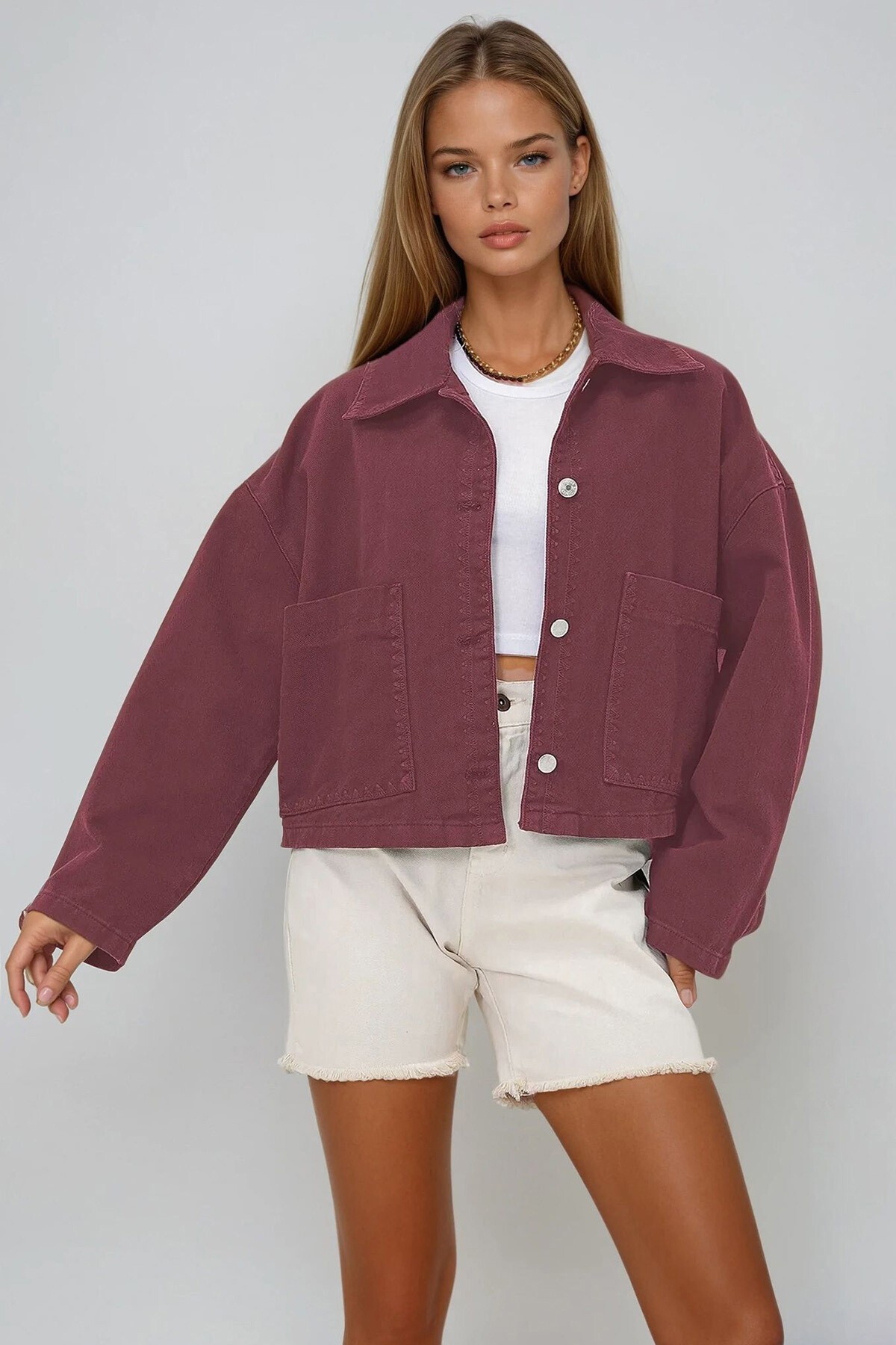 Bordo Torba Cepli Çoban Dikişli Crop Jean Ceket