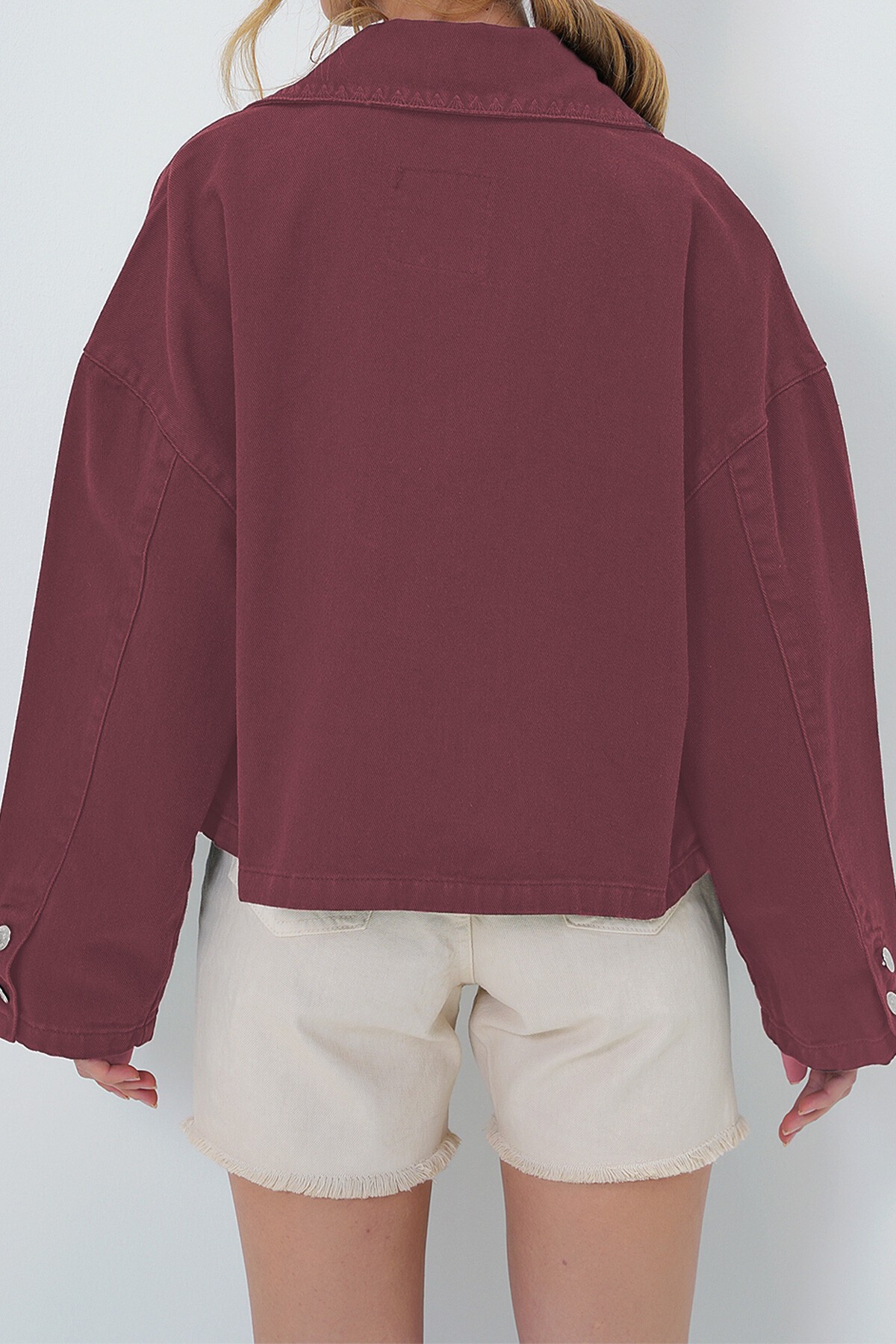 Bordo Torba Cepli Çoban Dikişli Crop Jean Ceket