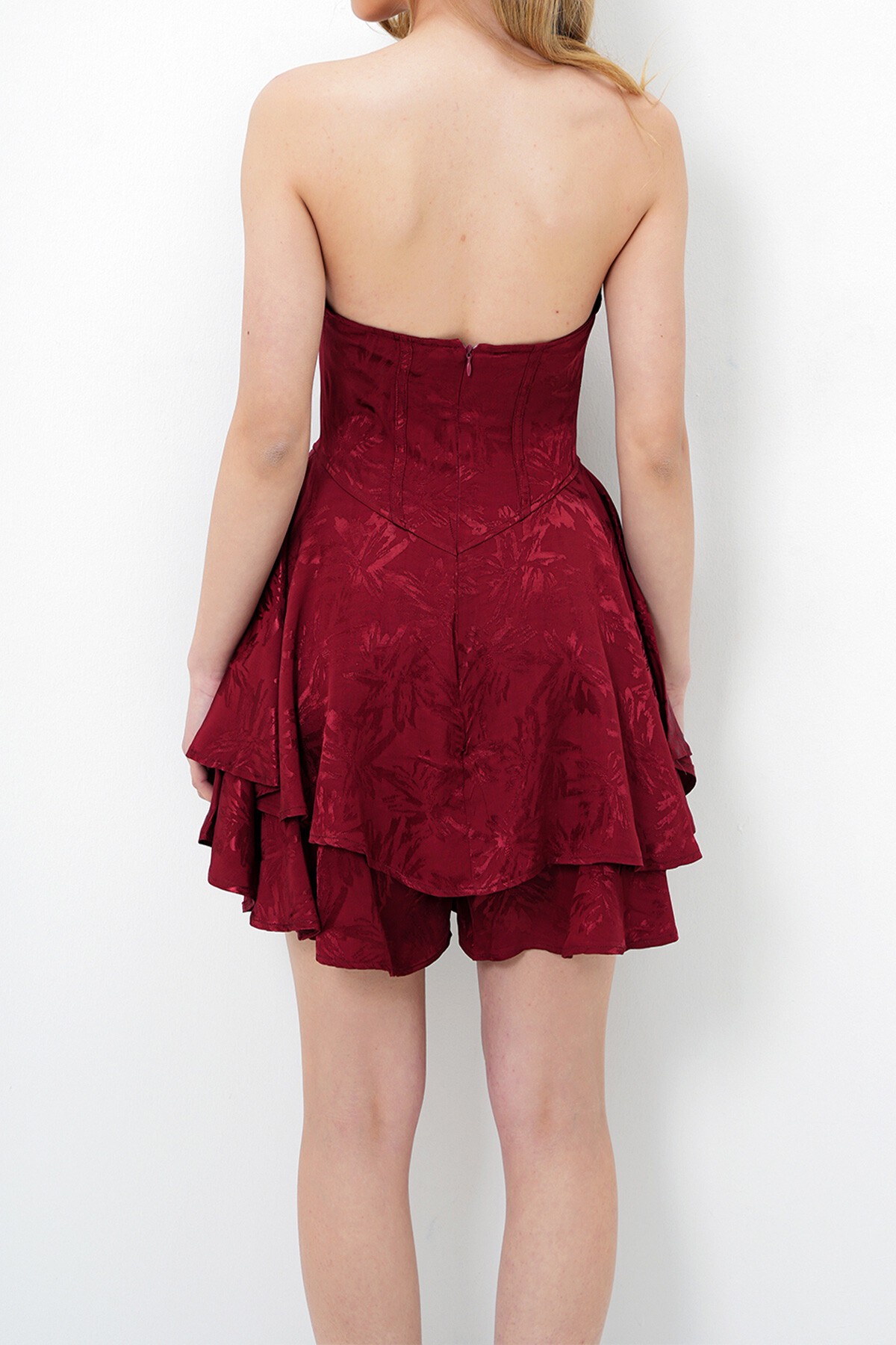 Bordo Volanlı Şortlu Mini Elbise