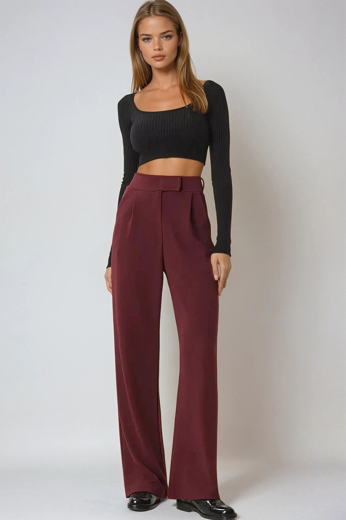 Bordo Yüksek Bel Çift Cepli Pileli Cırt Kapamalı Palazzo Pantolon