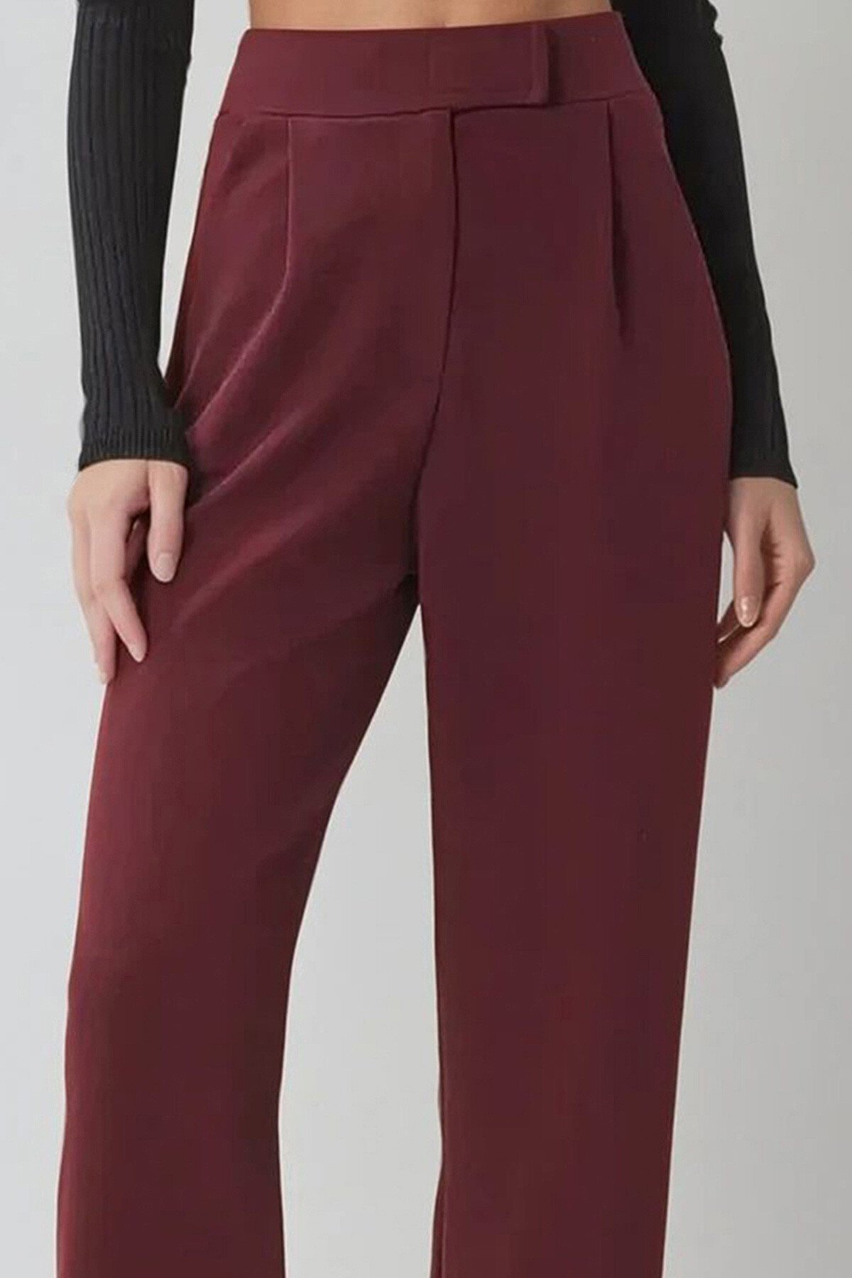 Bordo Yüksek Bel Çift Cepli Pileli Cırt Kapamalı Palazzo Pantolon
