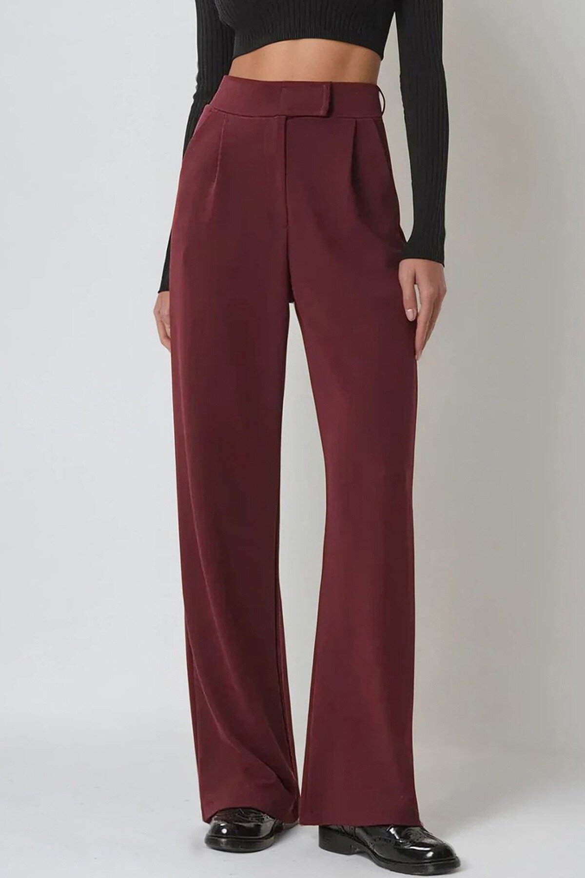 Bordo Yüksek Bel Çift Cepli Pileli Cırt Kapamalı Palazzo Pantolon