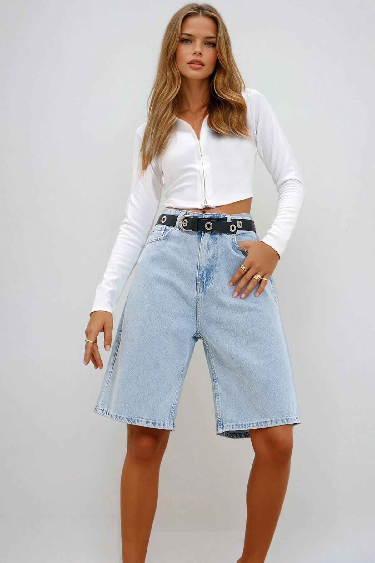 Buz Mavi Bermuda Jean Şort