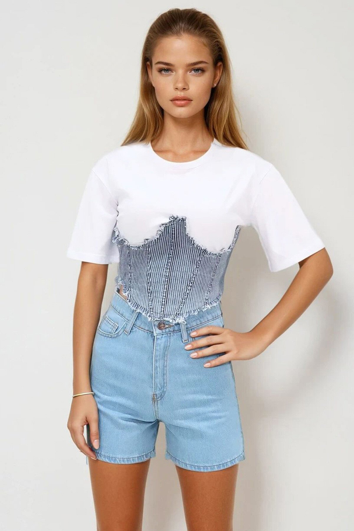 Buz Mavi Bisiklet Yaka Vatkasız Jean Garnili Crop Bluz