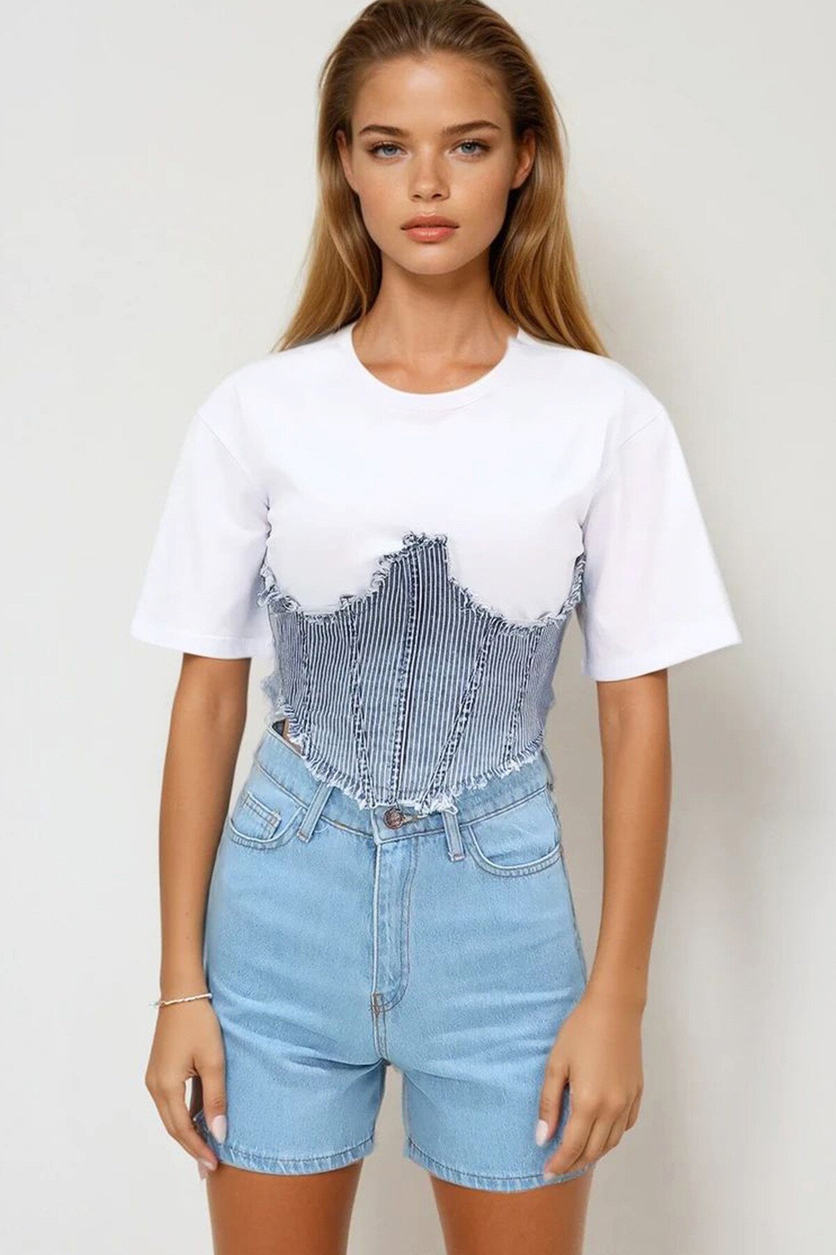 Buz Mavi Bisiklet Yaka Vatkasız Jean Garnili Crop Bluz