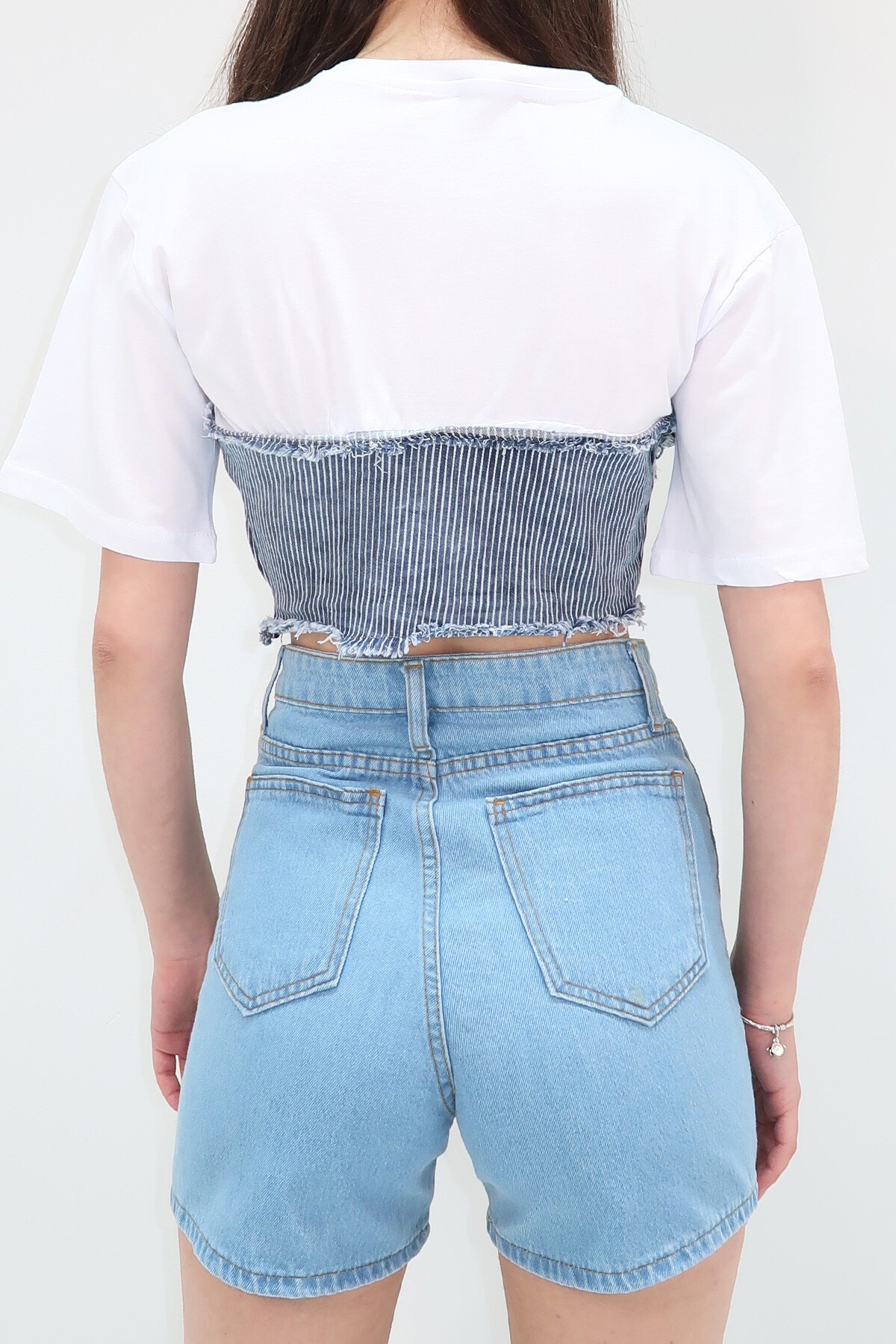 Buz Mavi Bisiklet Yaka Vatkasız Jean Garnili Crop Bluz