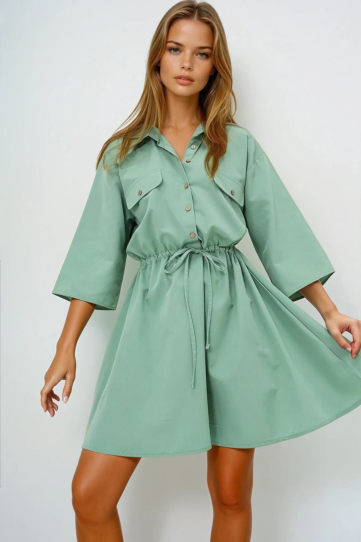 Çağla Yeşili Safari Dokuma Gömlek Elbise