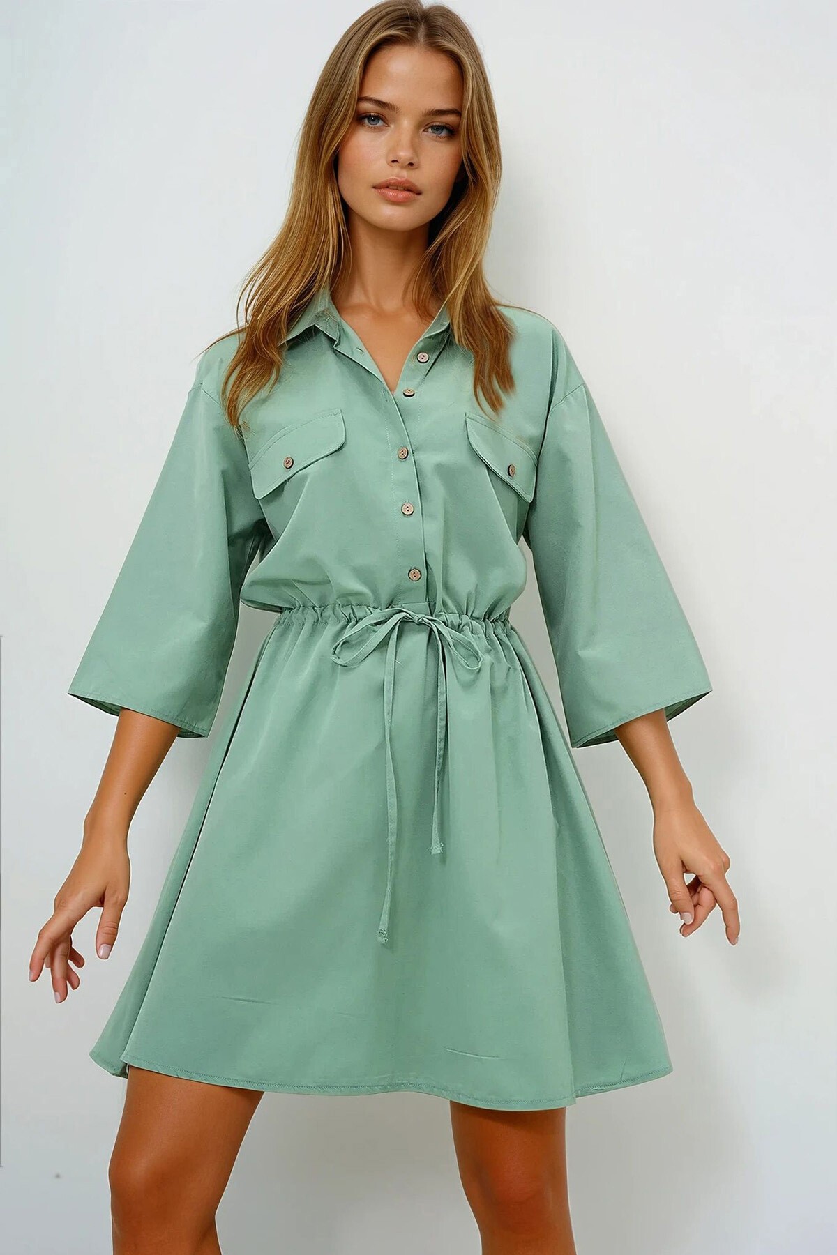 Çağla Yeşili Safari Dokuma Gömlek Elbise