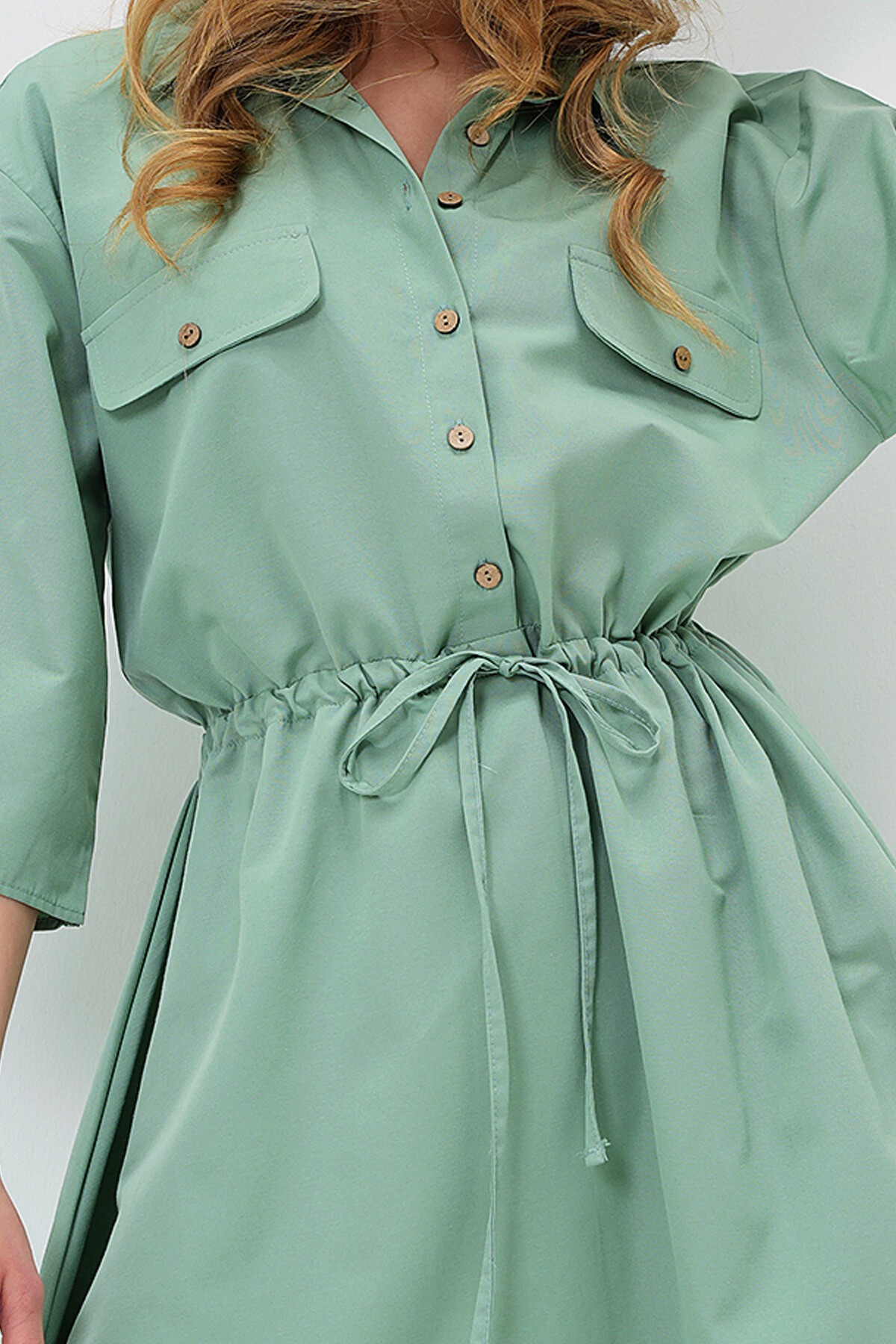 Çağla Yeşili Safari Dokuma Gömlek Elbise