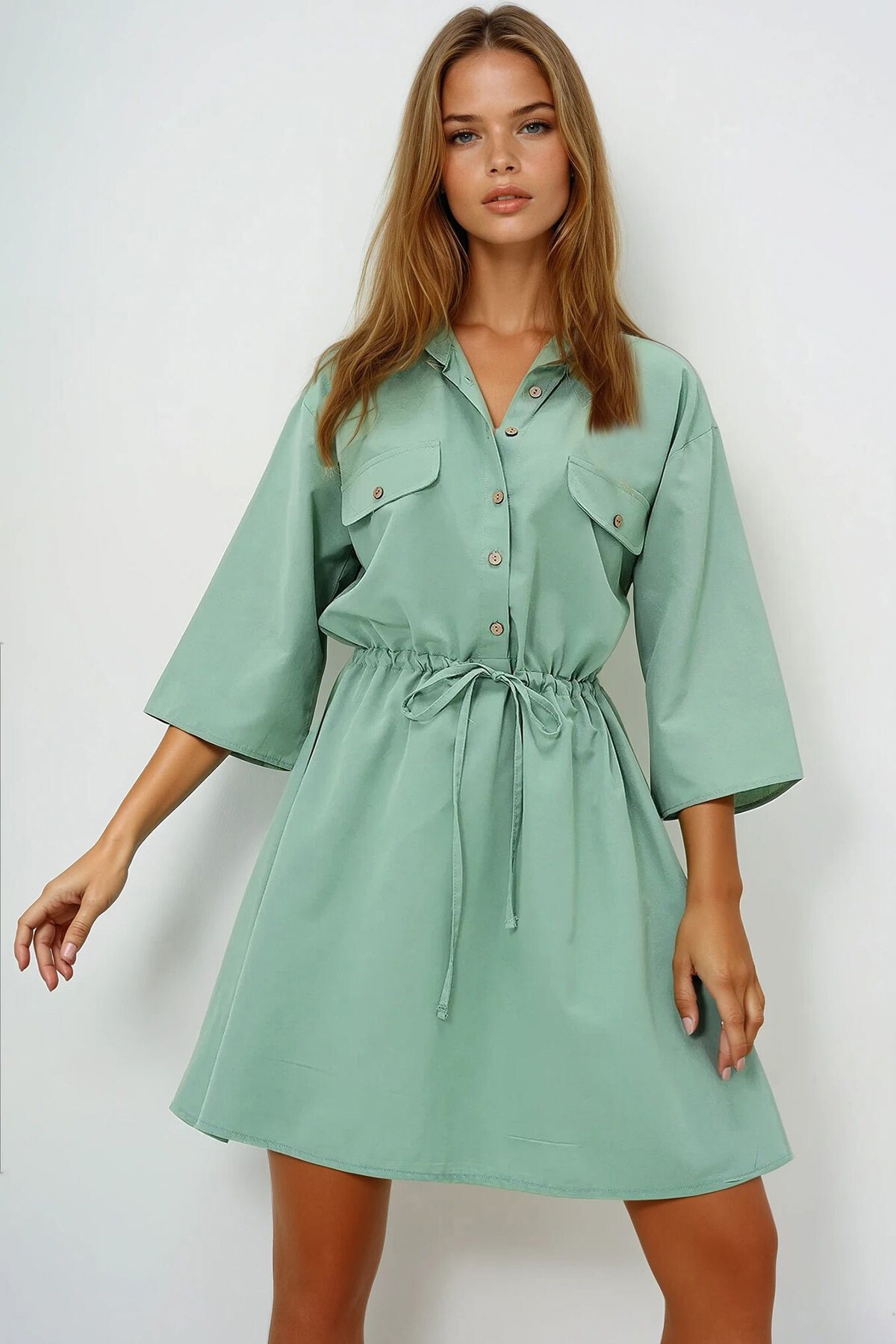 Çağla Yeşili Safari Dokuma Gömlek Elbise