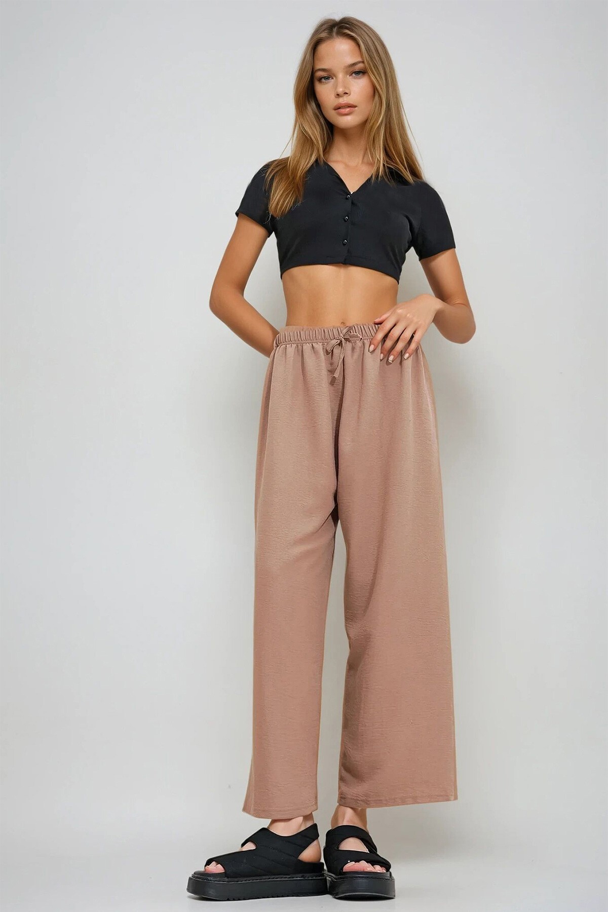 Camel Beli Lastikli Geniş Paça Dökümlü Dokuma Pantolon