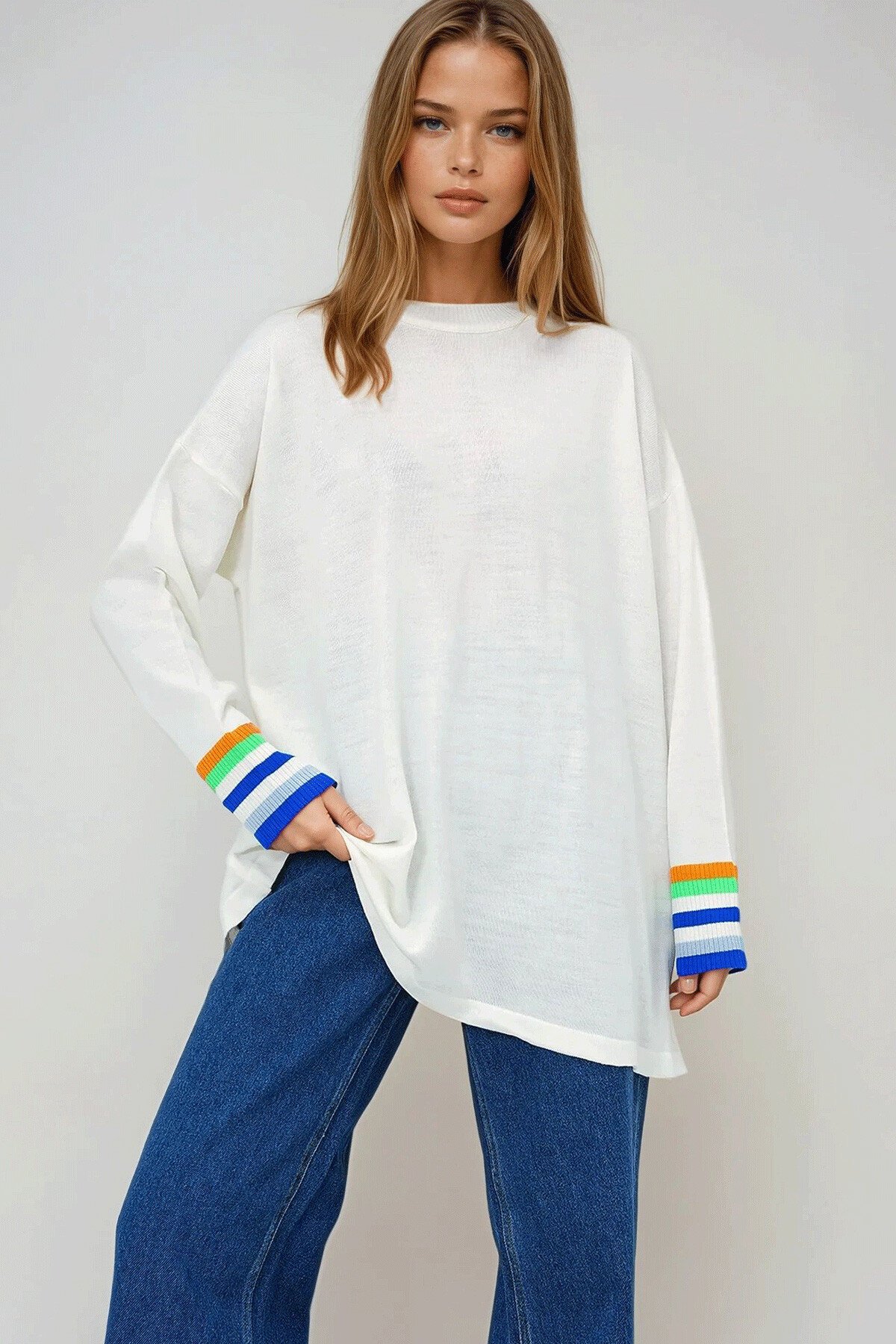Ekru Bisiklet Yaka Şerit Detaylı Mevsimlik Oversize Triko Kazak