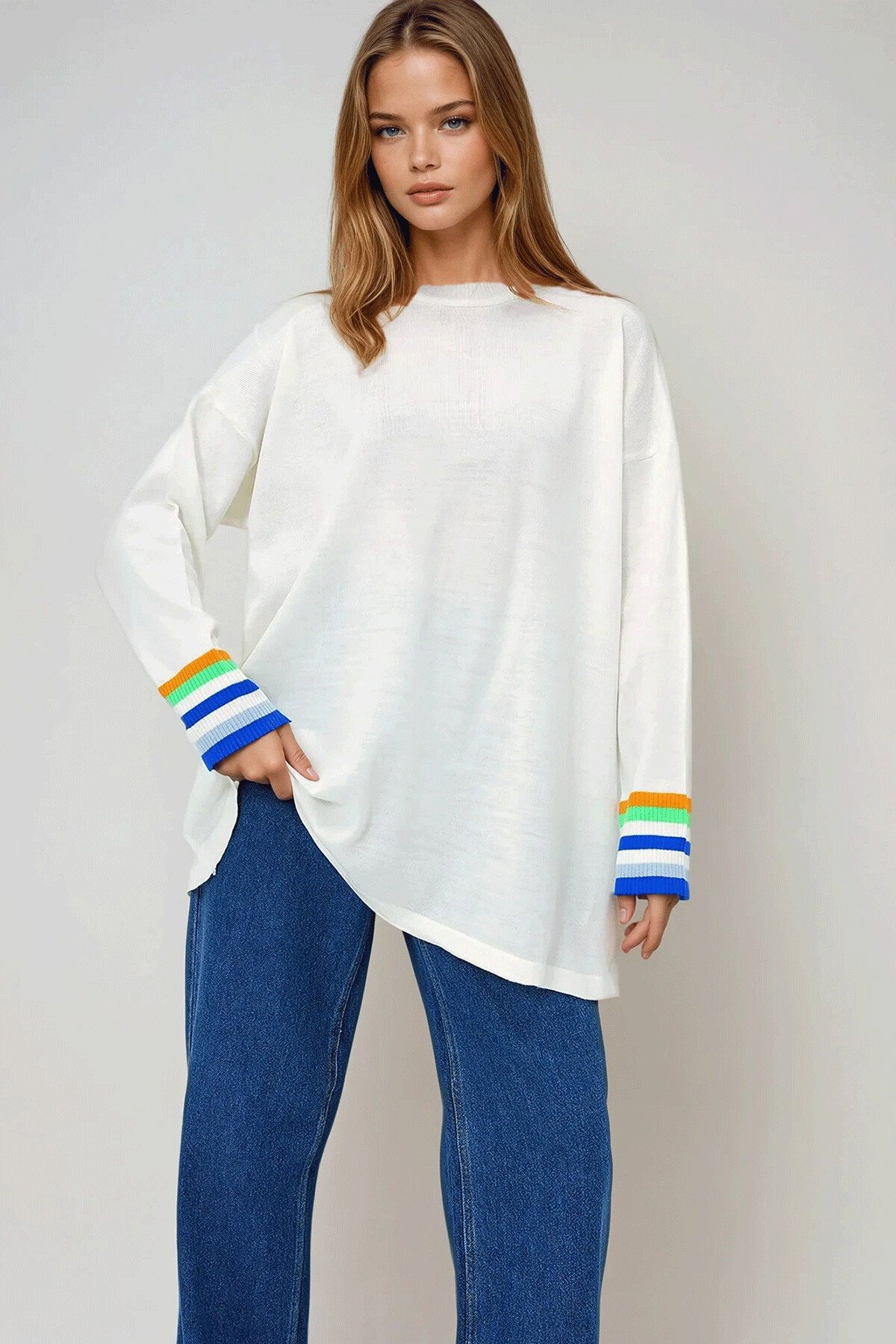 Ekru Bisiklet Yaka Şerit Detaylı Mevsimlik Oversize Triko Kazak