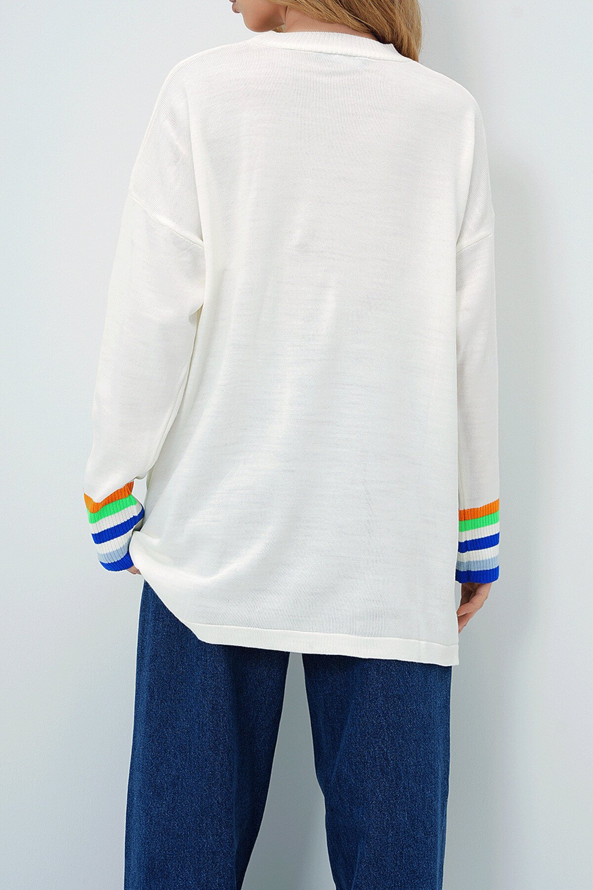 Ekru Bisiklet Yaka Şerit Detaylı Mevsimlik Oversize Triko Kazak