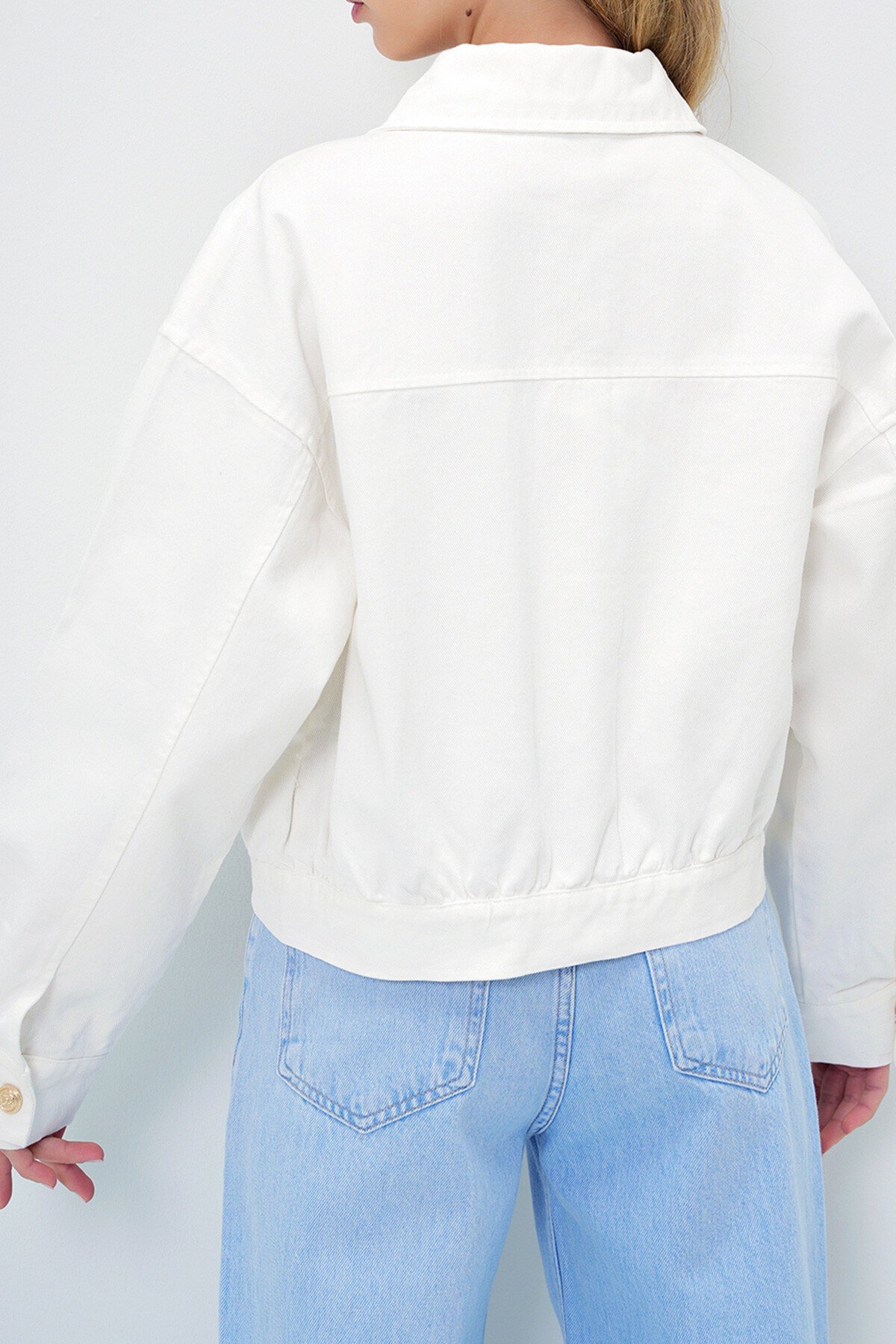 Ekru Çift Cepli Gold Düğme Detaylı Gabardin Ceket