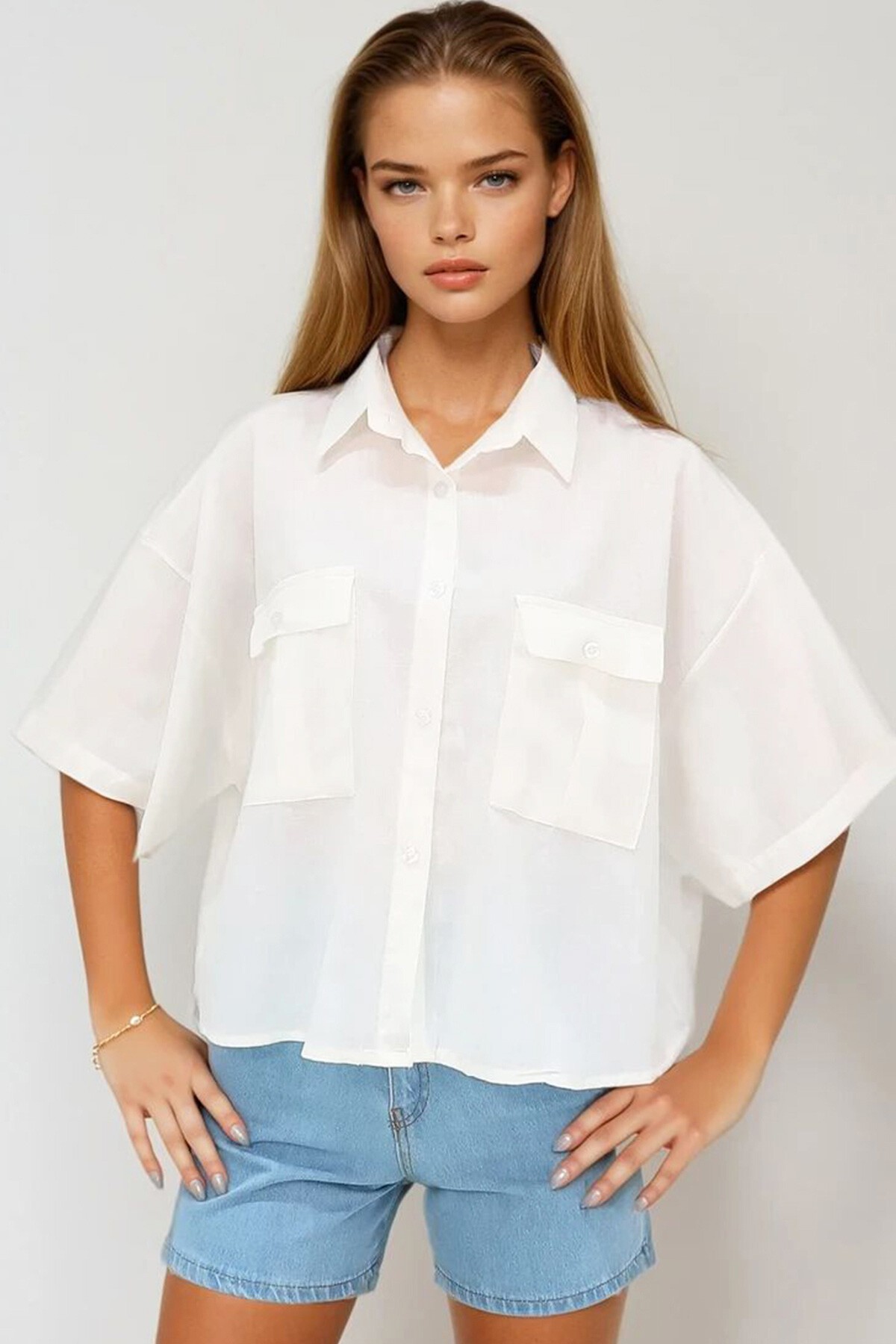 Ekru Çift Cepli Yarım Kol Keten Gömlek