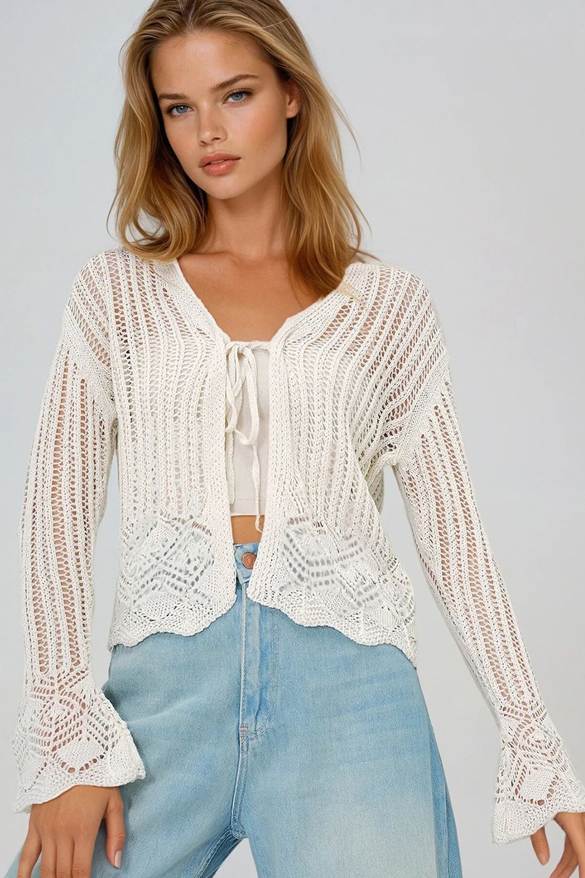 Ekru Delik Ajurlu Triko Hırka