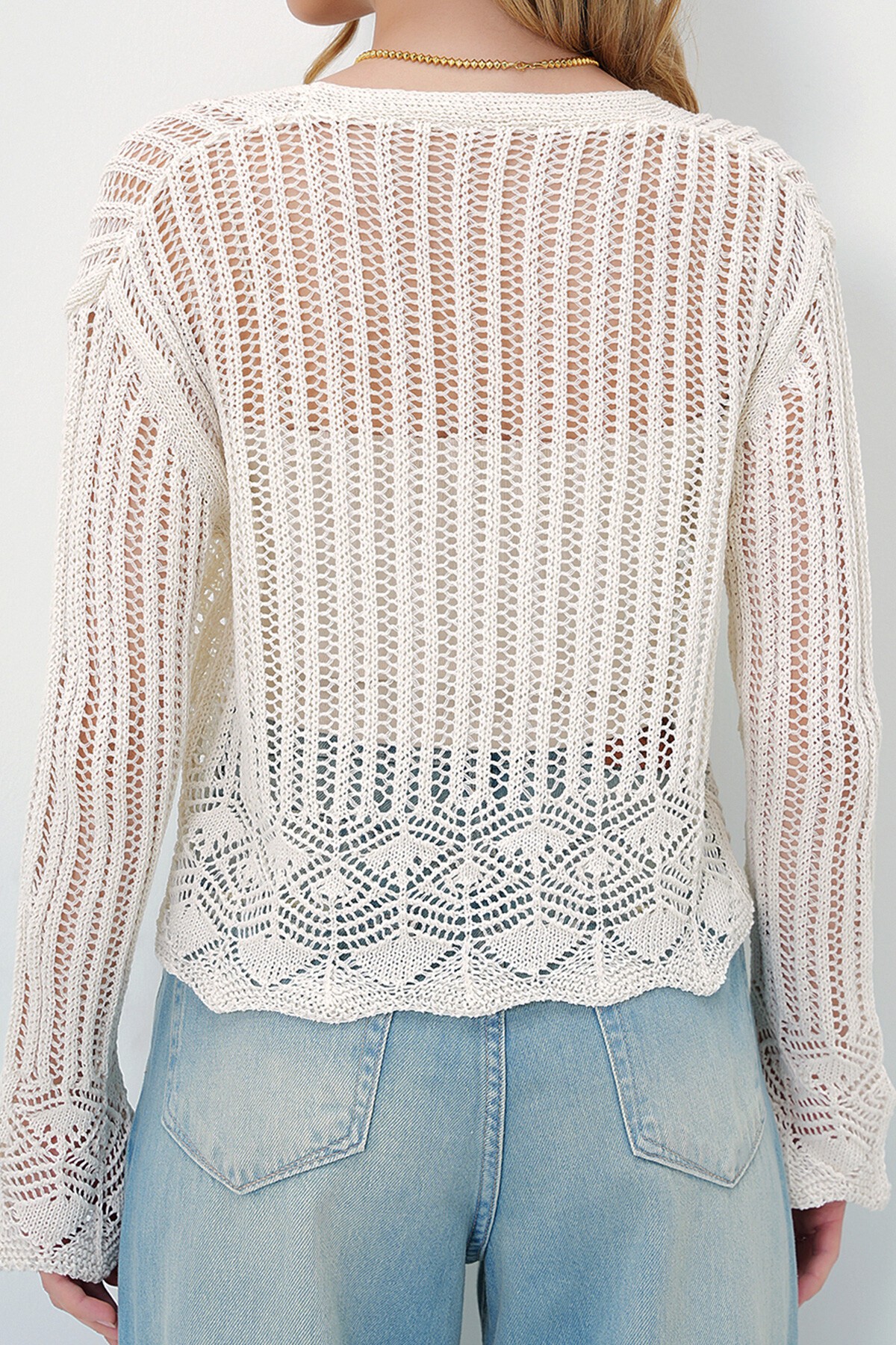 Ekru Delik Ajurlu Triko Hırka