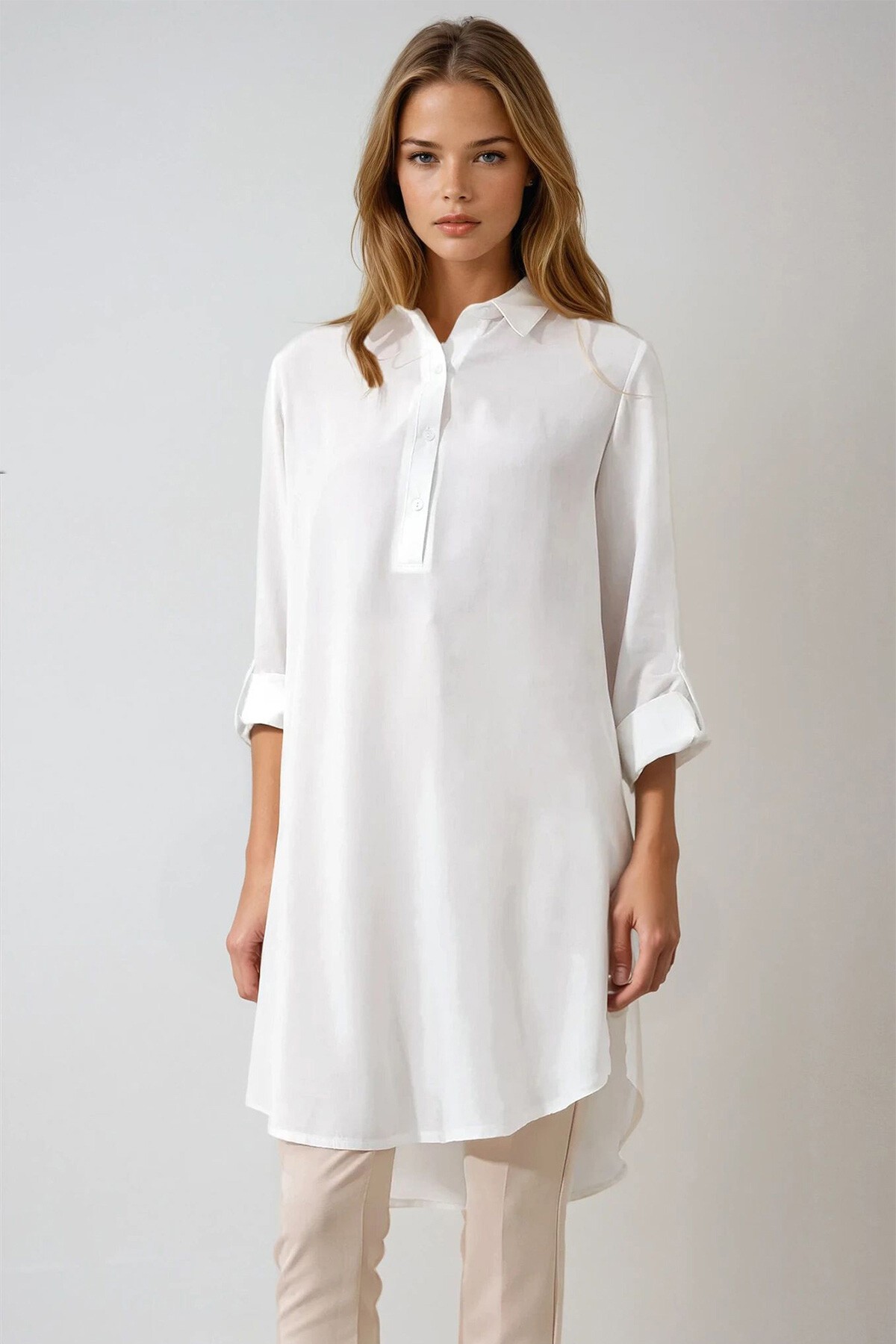 Ekru Gömlek Yaka Yarım Patlı Uzun Dokuma Tunik