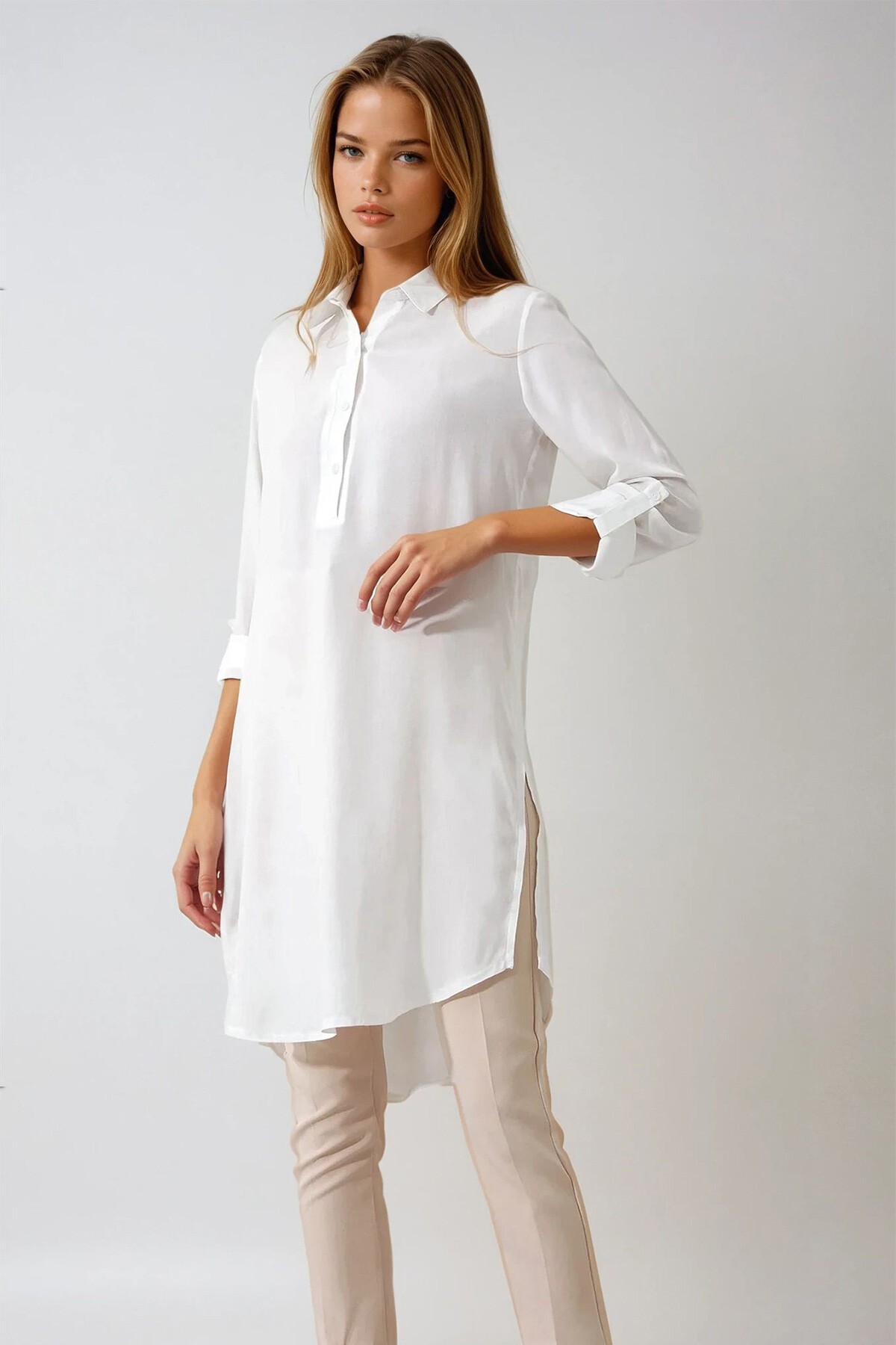 Ekru Gömlek Yaka Yarım Patlı Uzun Dokuma Tunik
