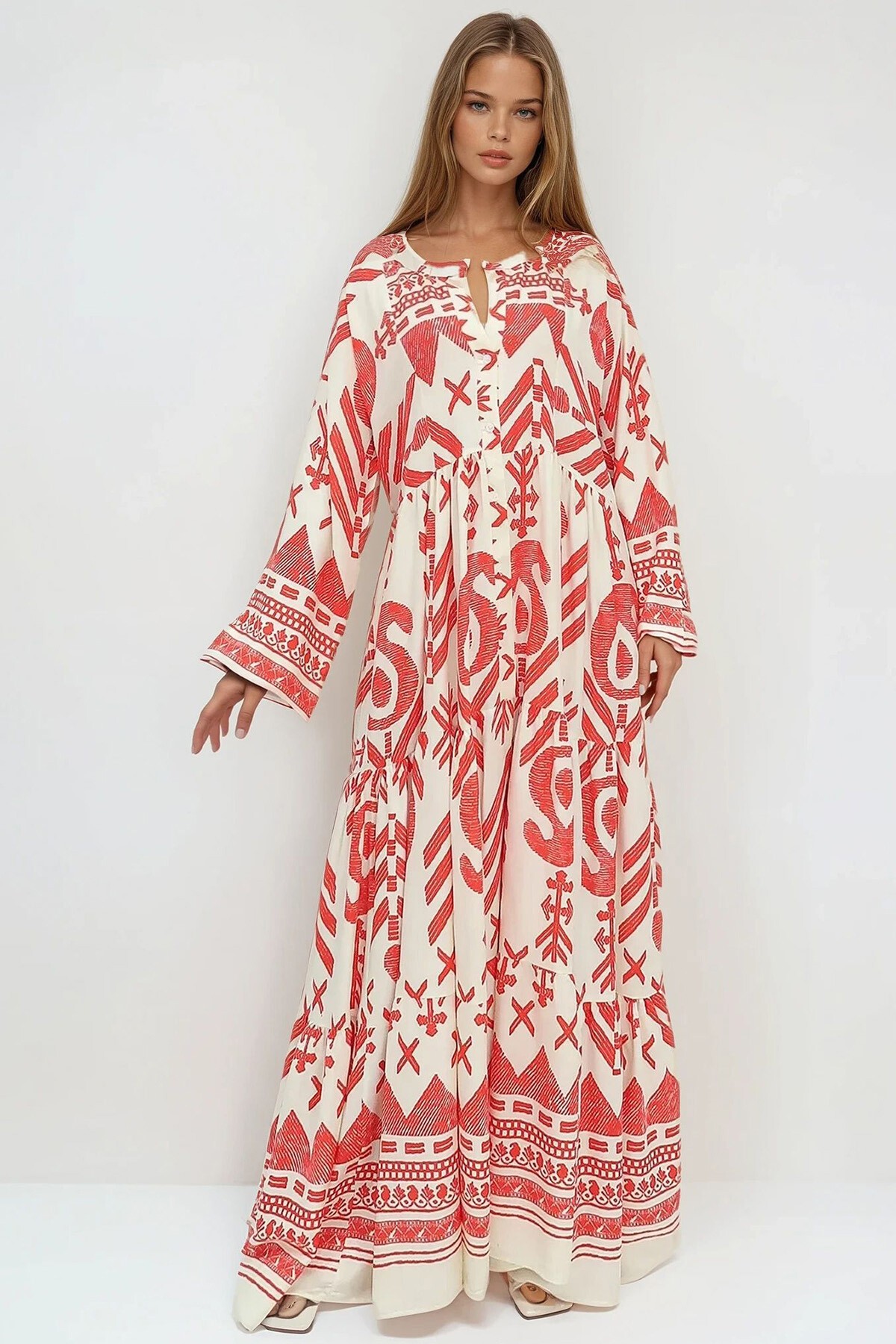 Ekru Mercan Hakim Yaka Şal Desenli Maxi Boy Elbise