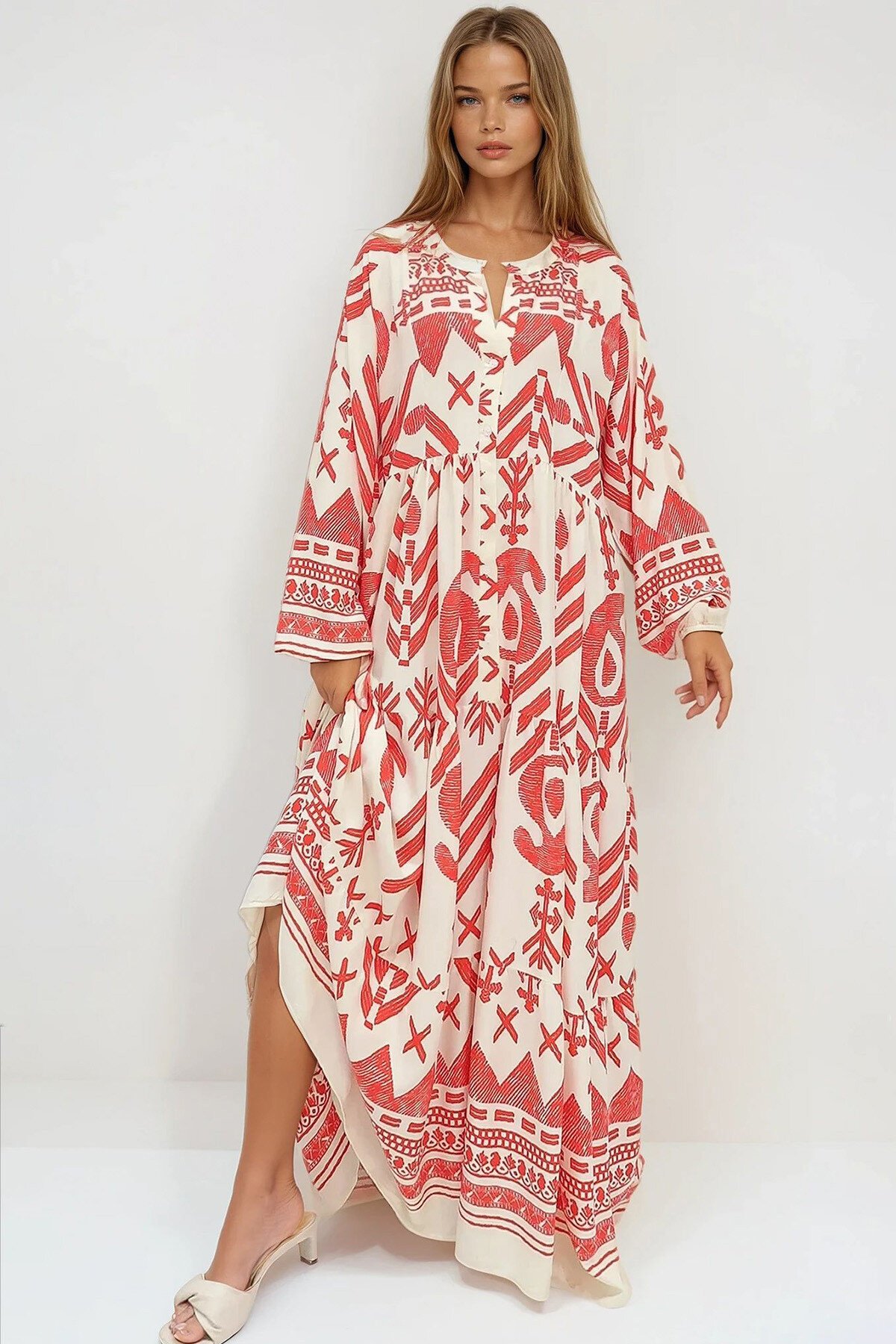 Ekru Mercan Hakim Yaka Şal Desenli Maxi Boy Elbise