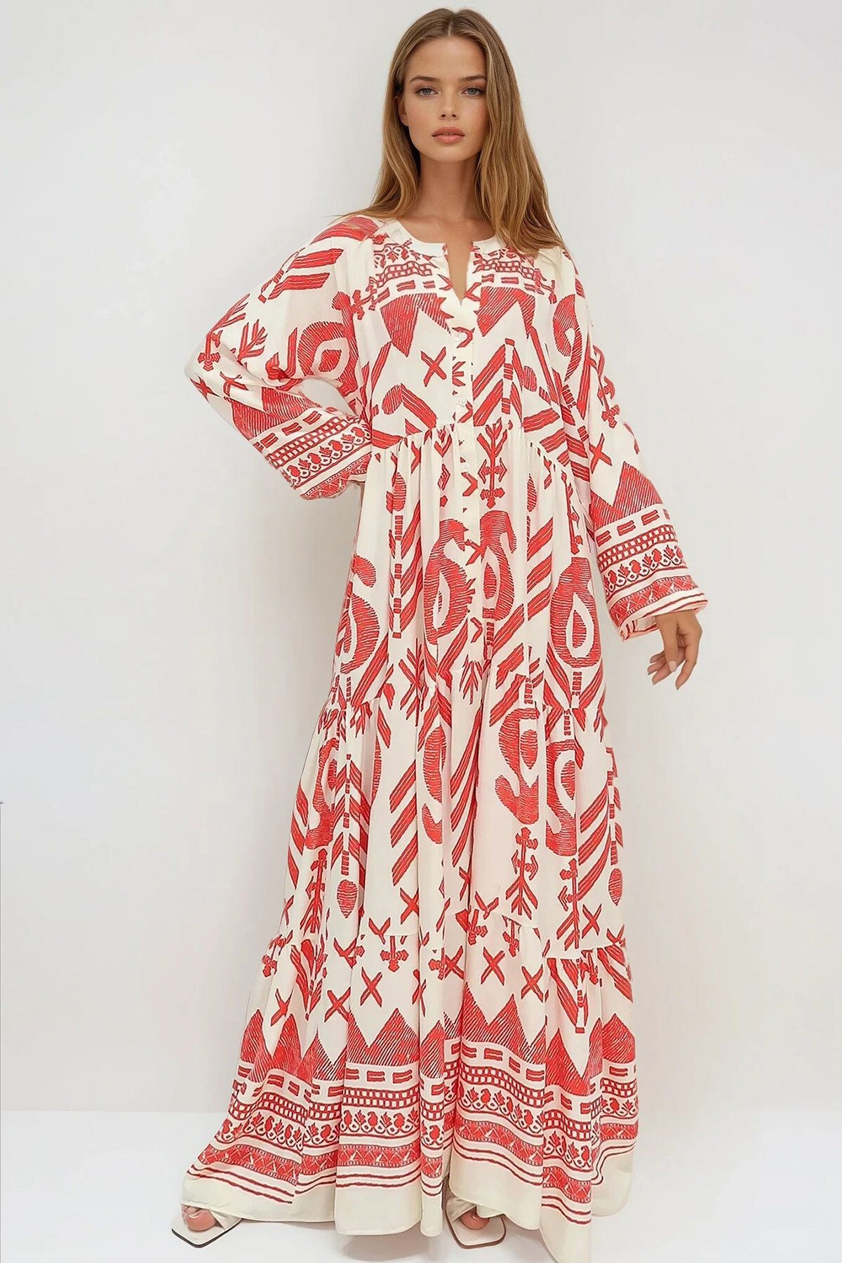 Ekru Mercan Hakim Yaka Şal Desenli Maxi Boy Elbise
