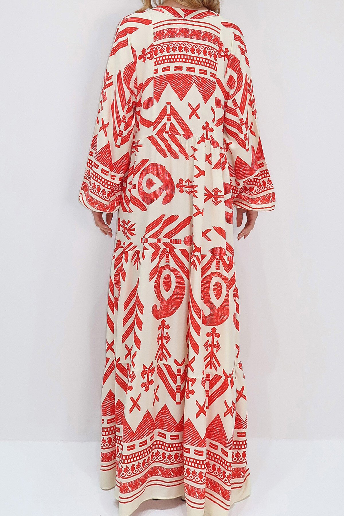 Ekru Mercan Hakim Yaka Şal Desenli Maxi Boy Elbise