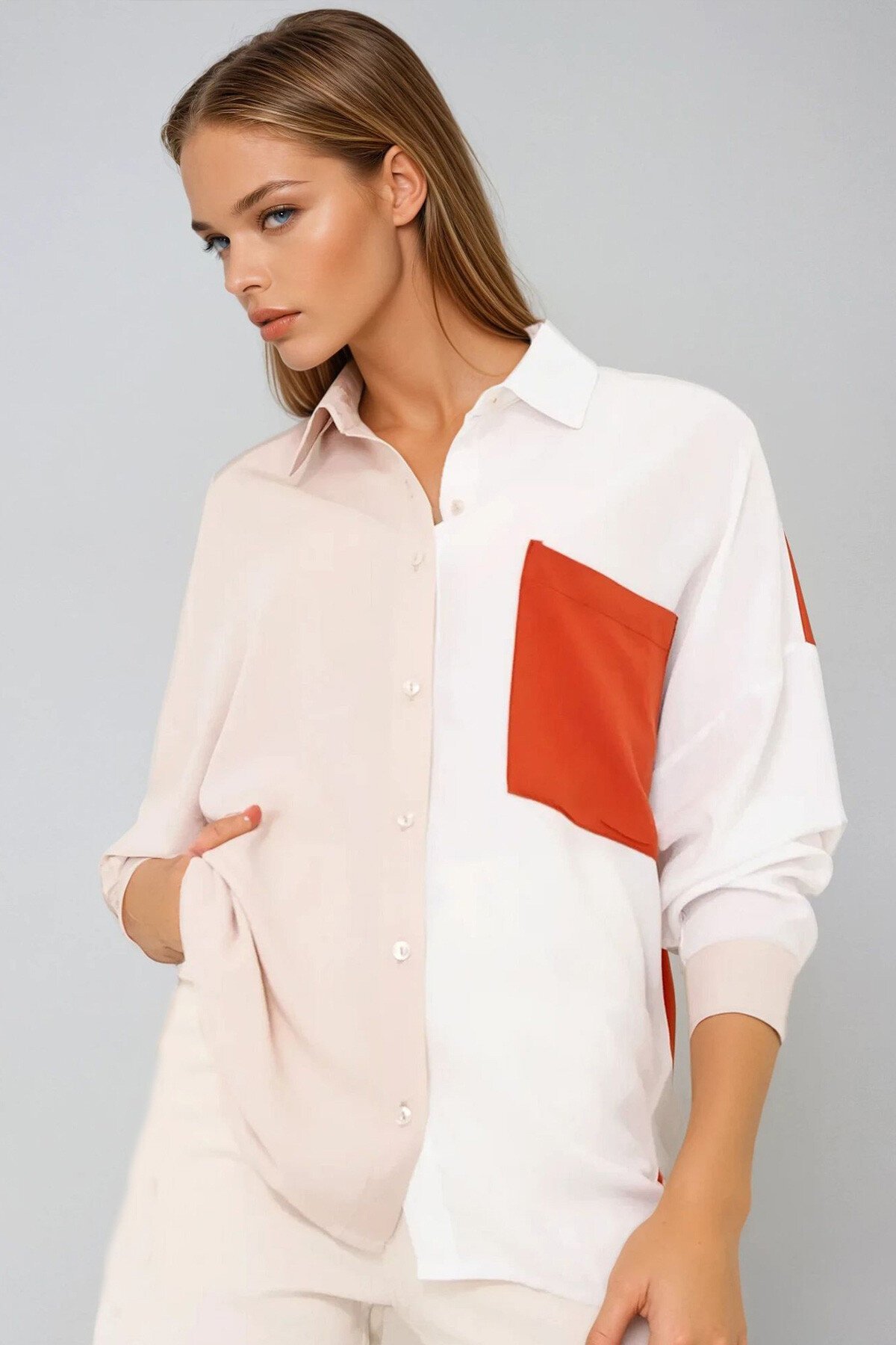 Ekru Tek Cep Bloklu Dokuma Viscon Gömlek