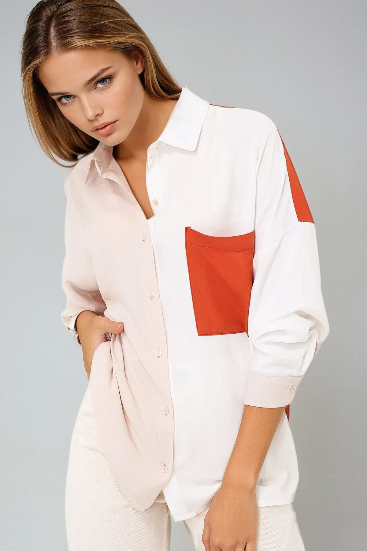 Ekru Tek Cep Bloklu Dokuma Viscon Gömlek