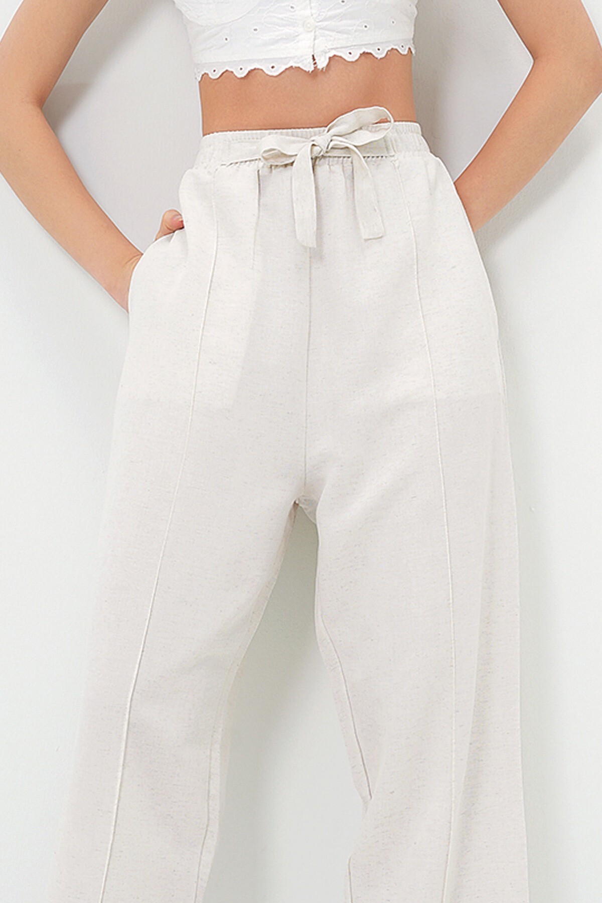 Ekru Yüksek Bel Önü Çimalı Çift Cepli Keten Palazzo Pantolon