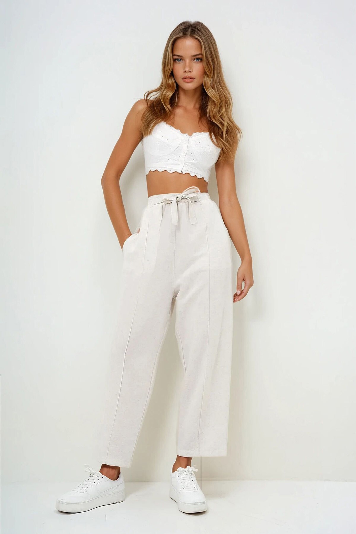 Ekru Yüksek Bel Önü Çimalı Çift Cepli Keten Palazzo Pantolon